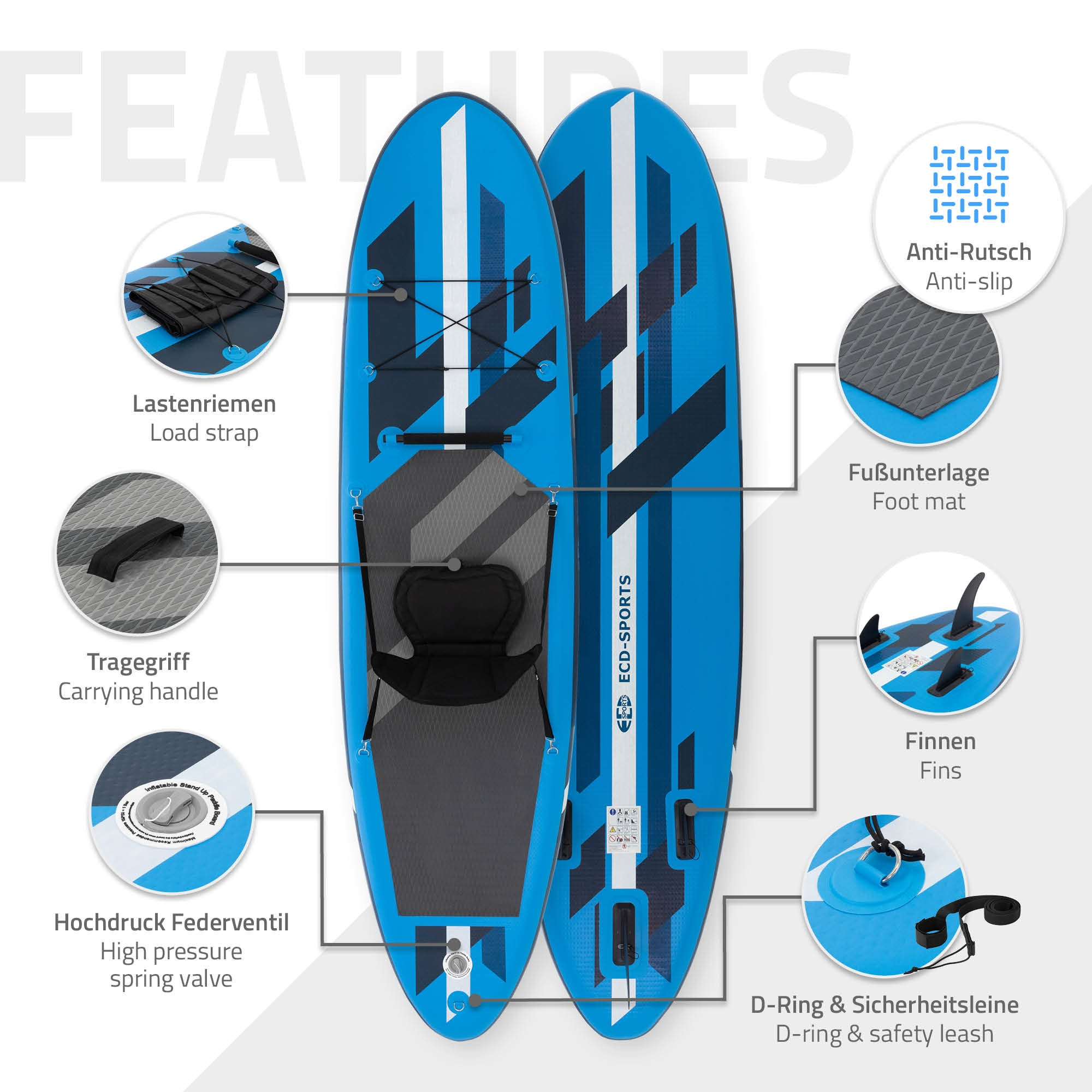Zwei blaue Stand-Up-Paddleboards mit weißen und dunkelblauen Mustern, detailliert.
