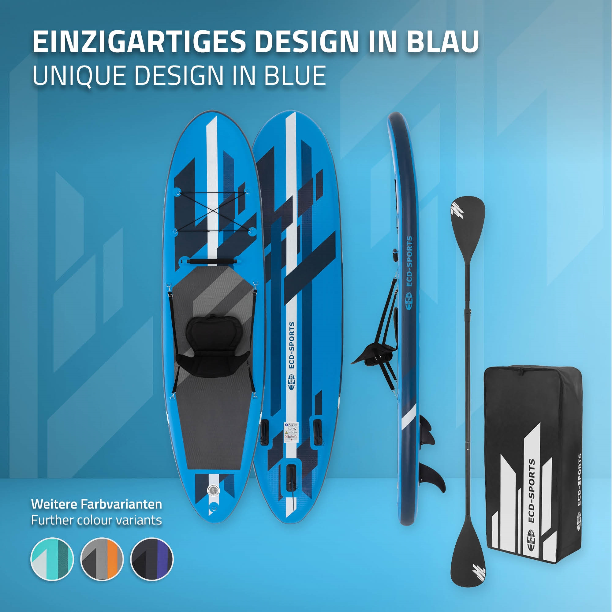 Zwei blaue Stand-Up-Paddleboards mit Paddel und Tasche.