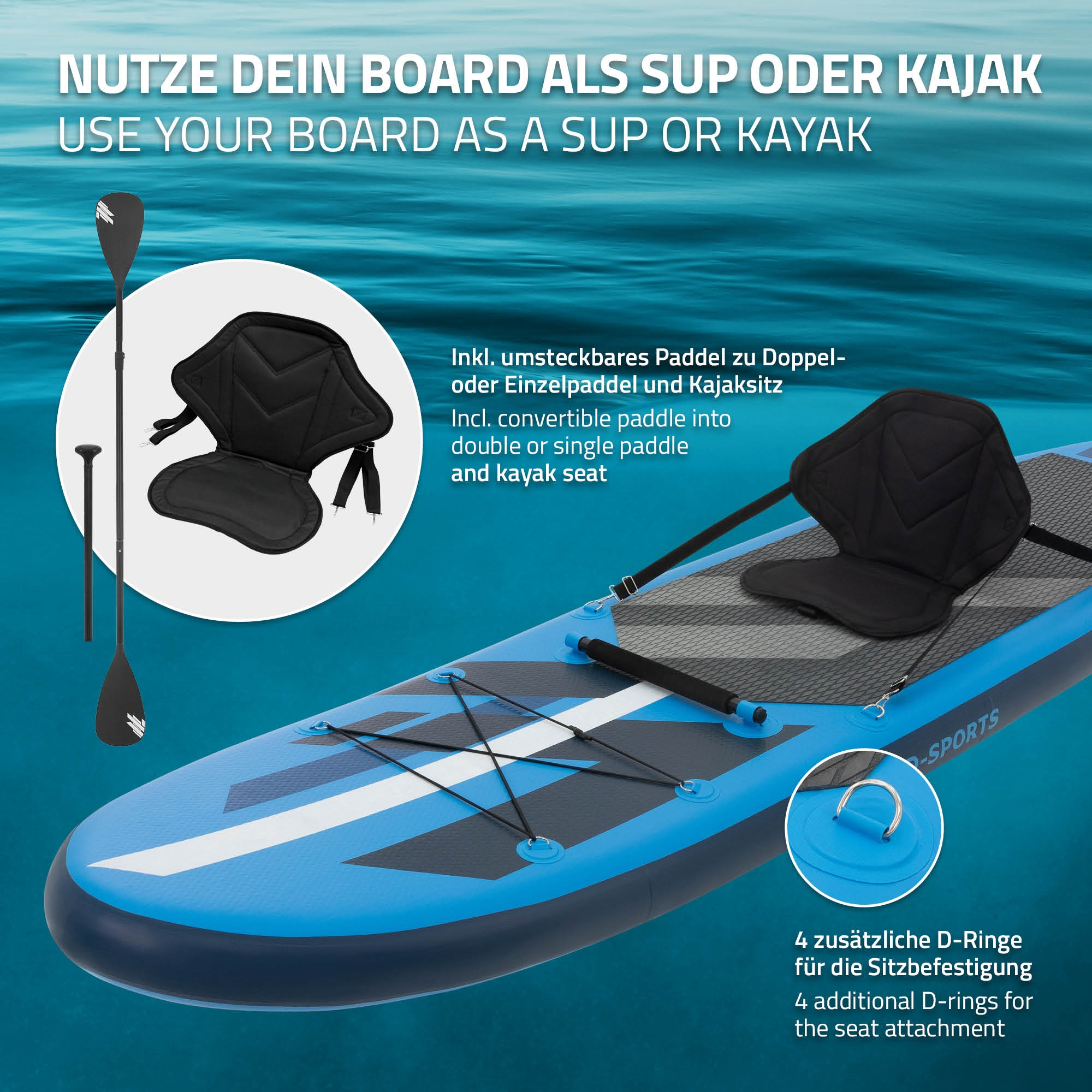 Blaues SUP-Board mit Paddel und Kajaksitz auf dem Wasser.