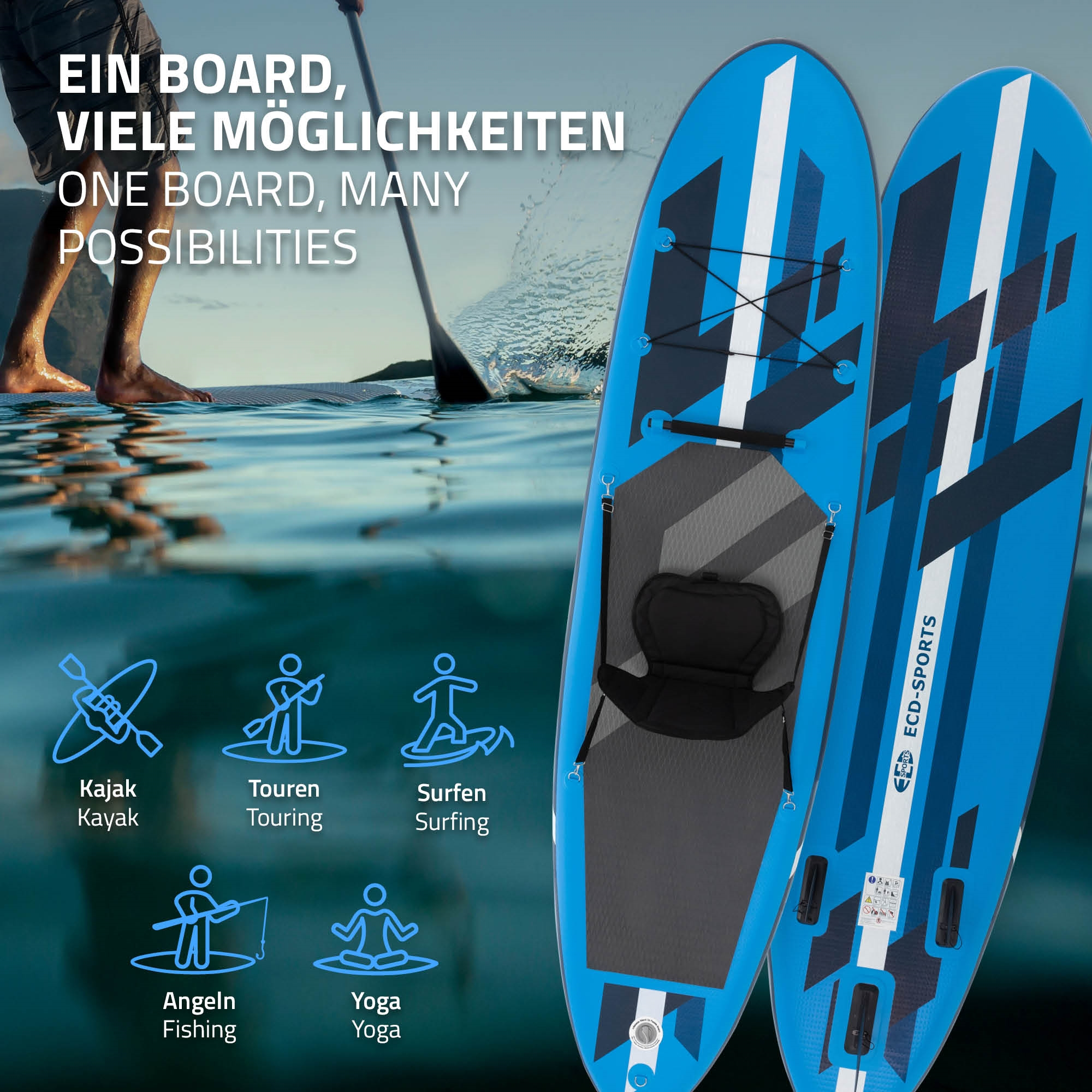 Blaue Stand-Up-Paddle-Boards mit weißen und dunklen Mustern auf dem Wasser.