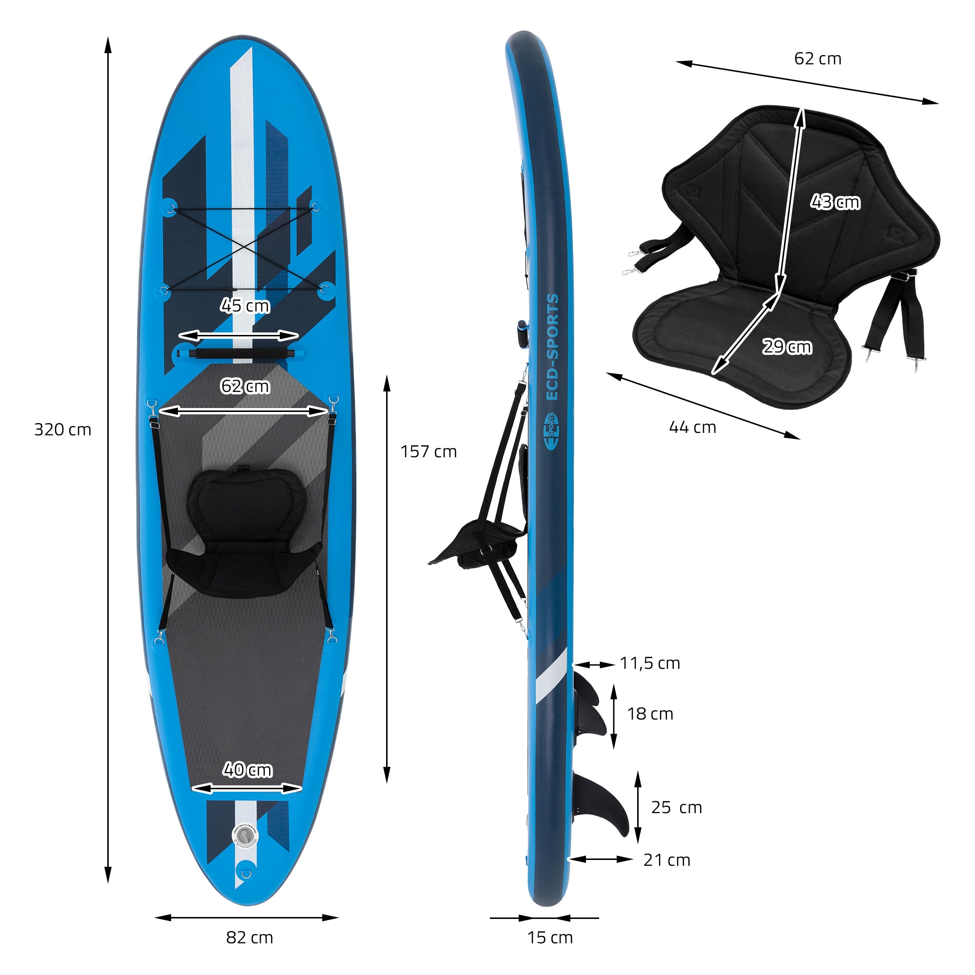 Blaues Stand-Up-Paddle-Board mit Sitz und Maßen.