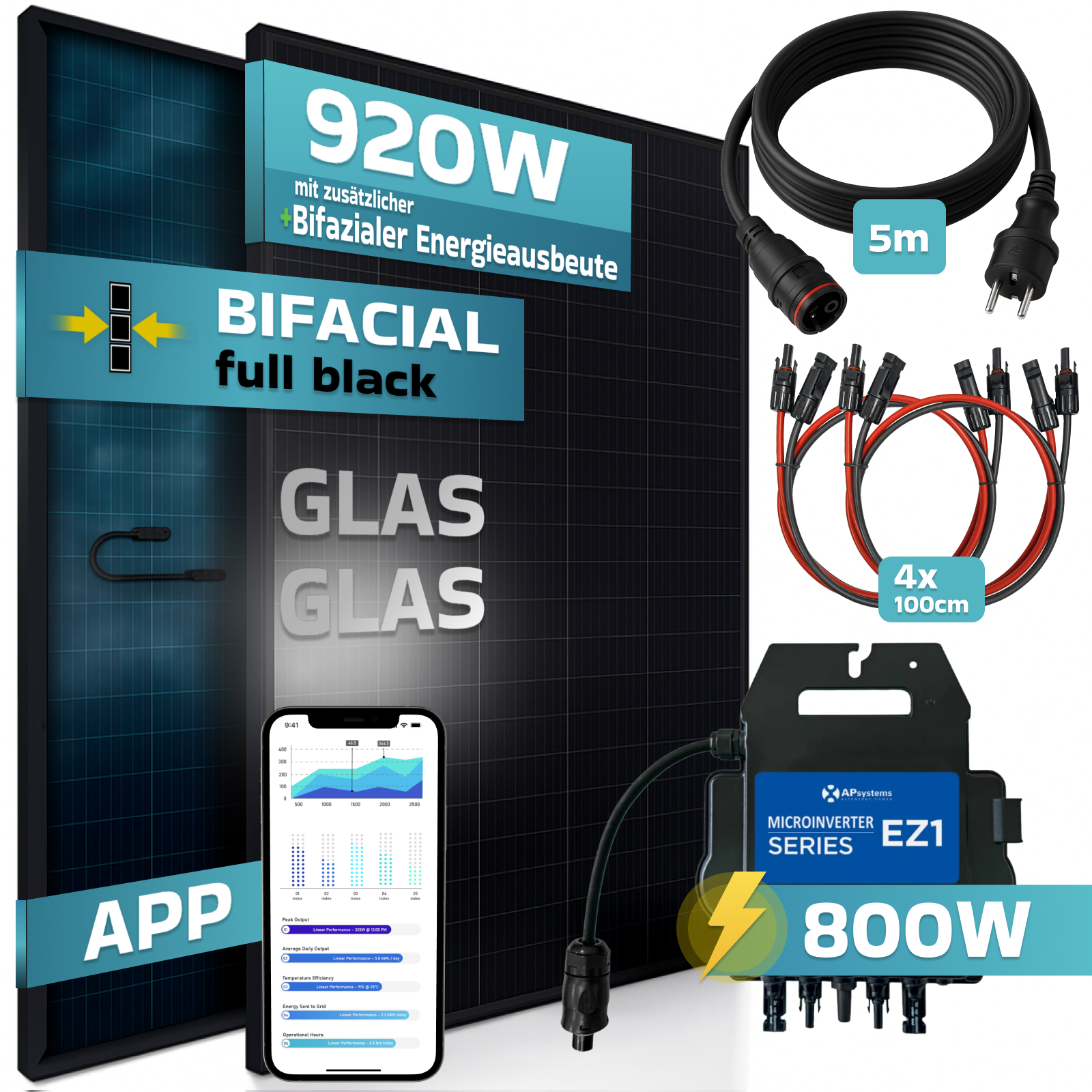 Schwarze Bifacial-Solarpanel mit 920W, App-Anzeige, 800W Mikro-Wechselrichter, Kabel.