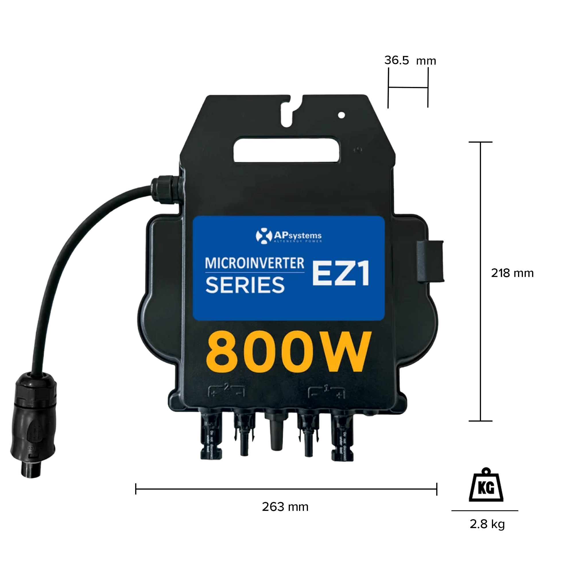 Ein schwarzer APsystems Mikro-Wechselrichter EZ1 Serie 800W mit Maßen.