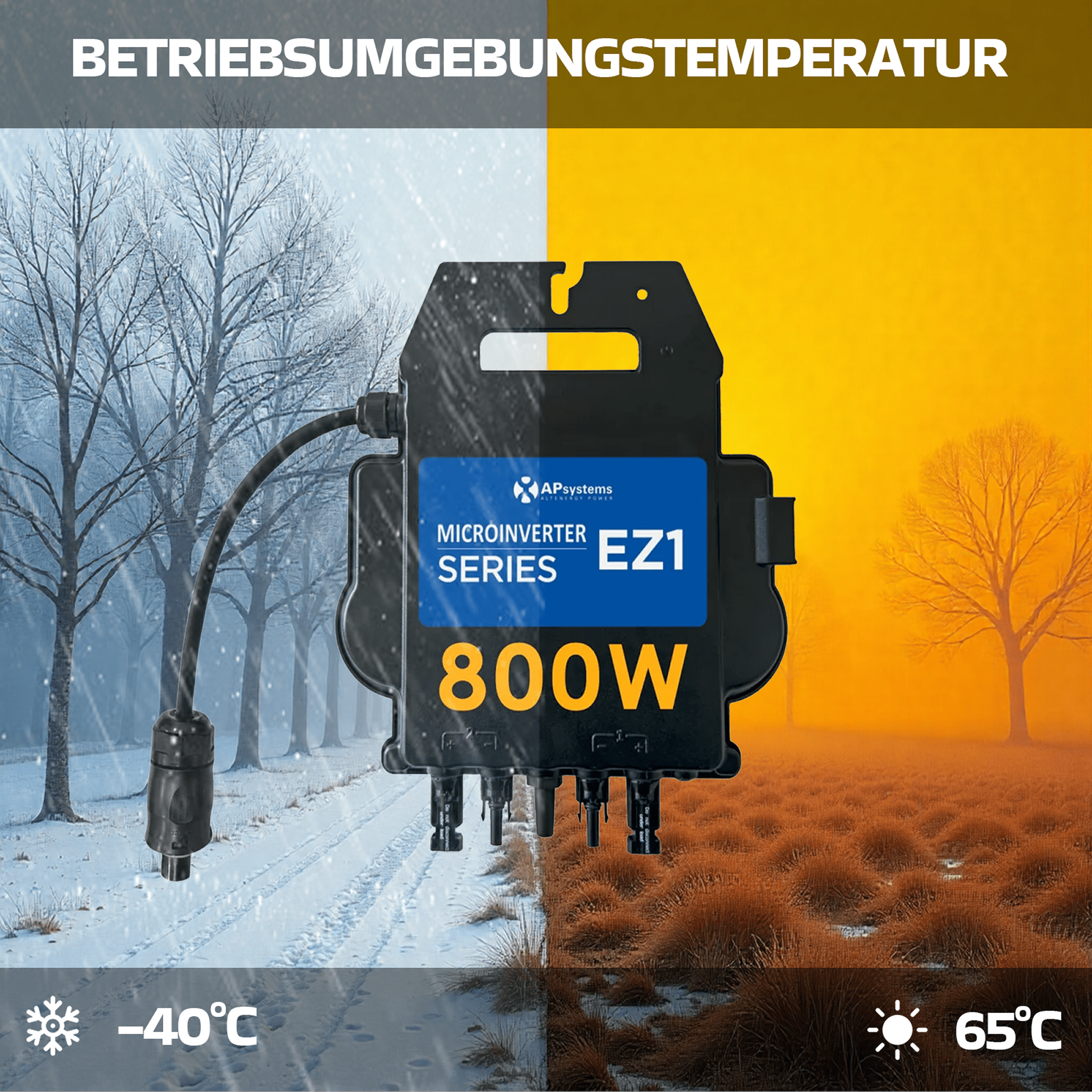 APsystems EZ1 Mikro-Wechselrichter 800W zwischen -40°C und 65°C.