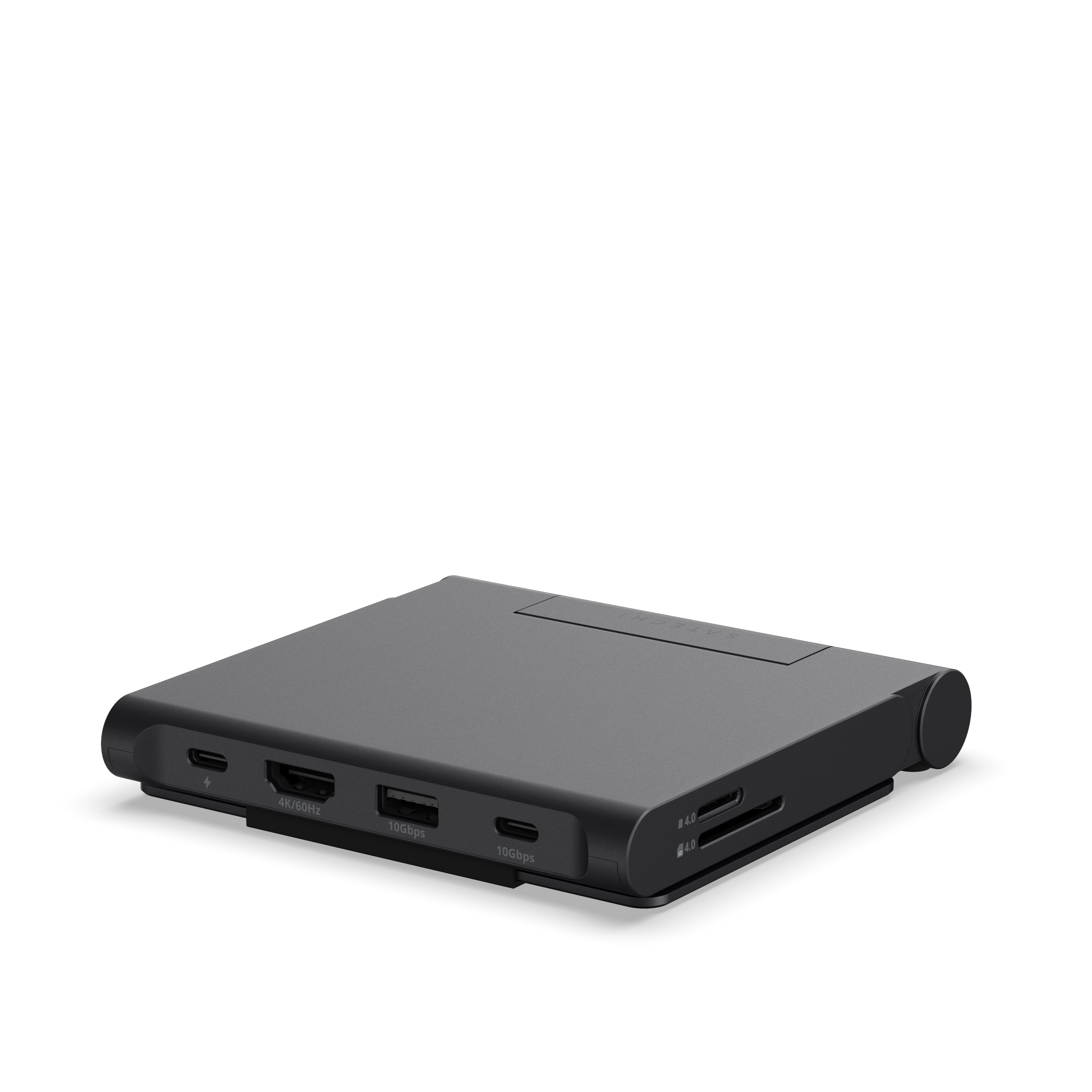 Hub USB-C grigio con porte: USB-C, HDMI, 2x USB-A, scheda SD.