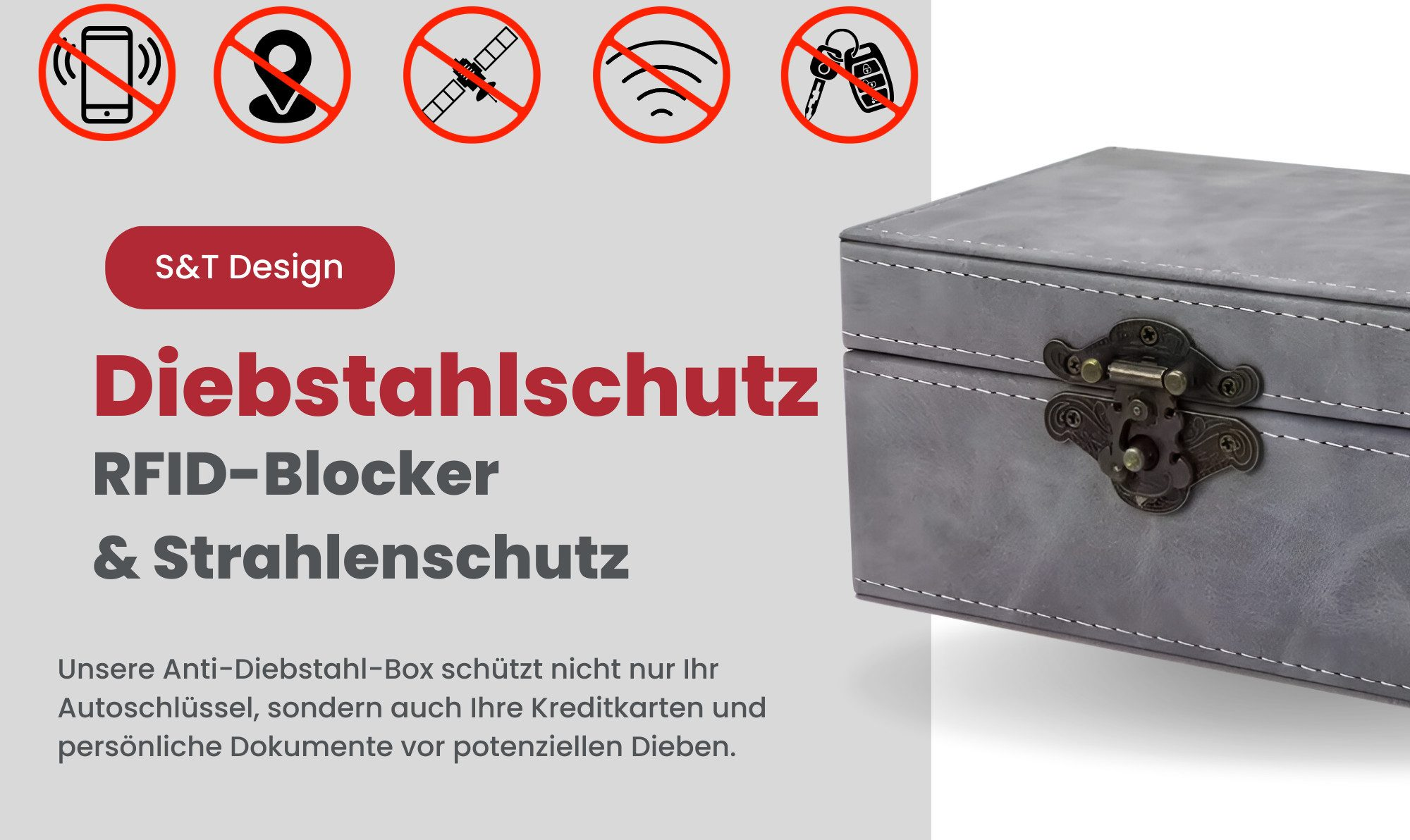 Graue Aufbewahrungsbox mit Schnalle, schützt vor Diebstahl & Strahlung.