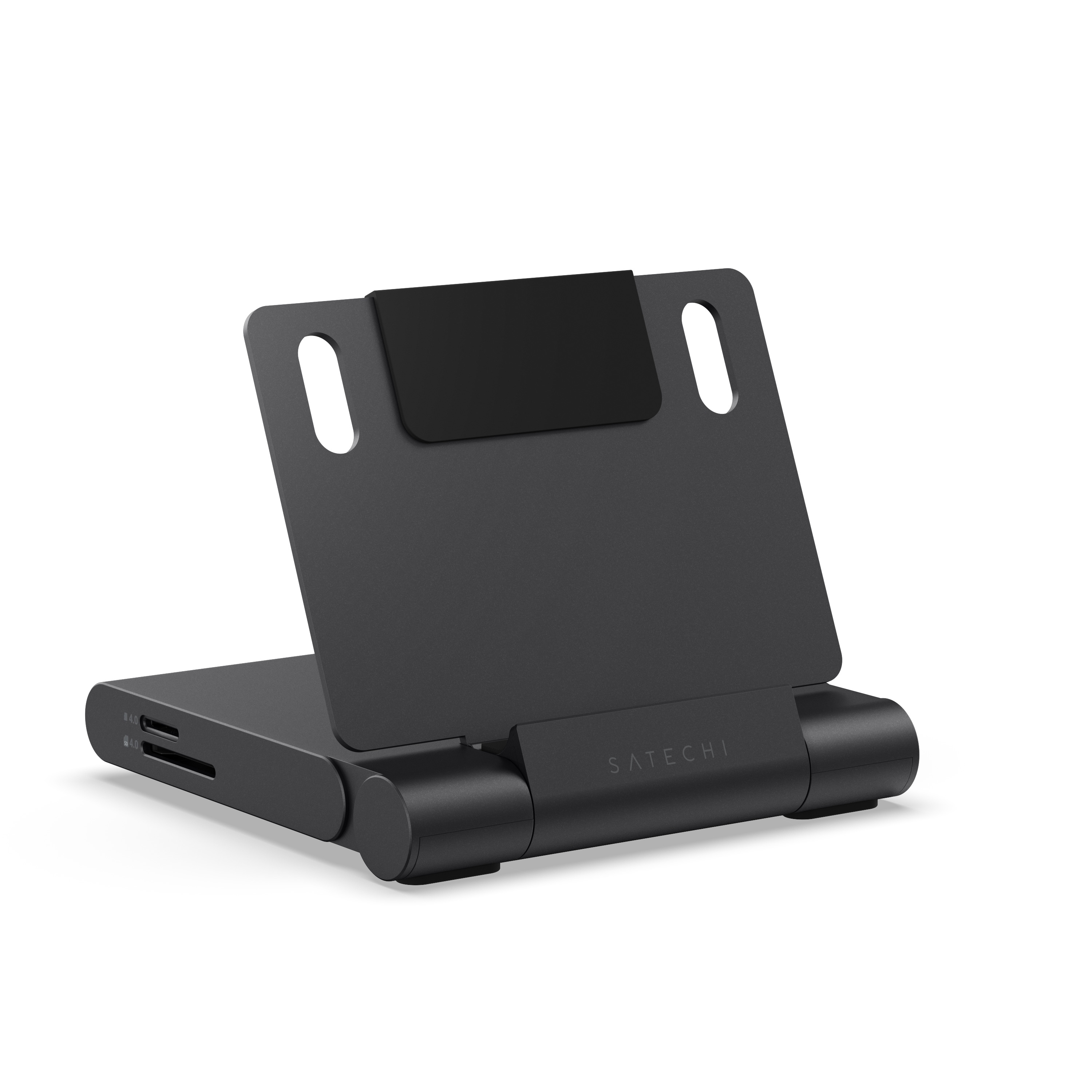 Supporto in alluminio nero con slot per schede SD e Micro SD.