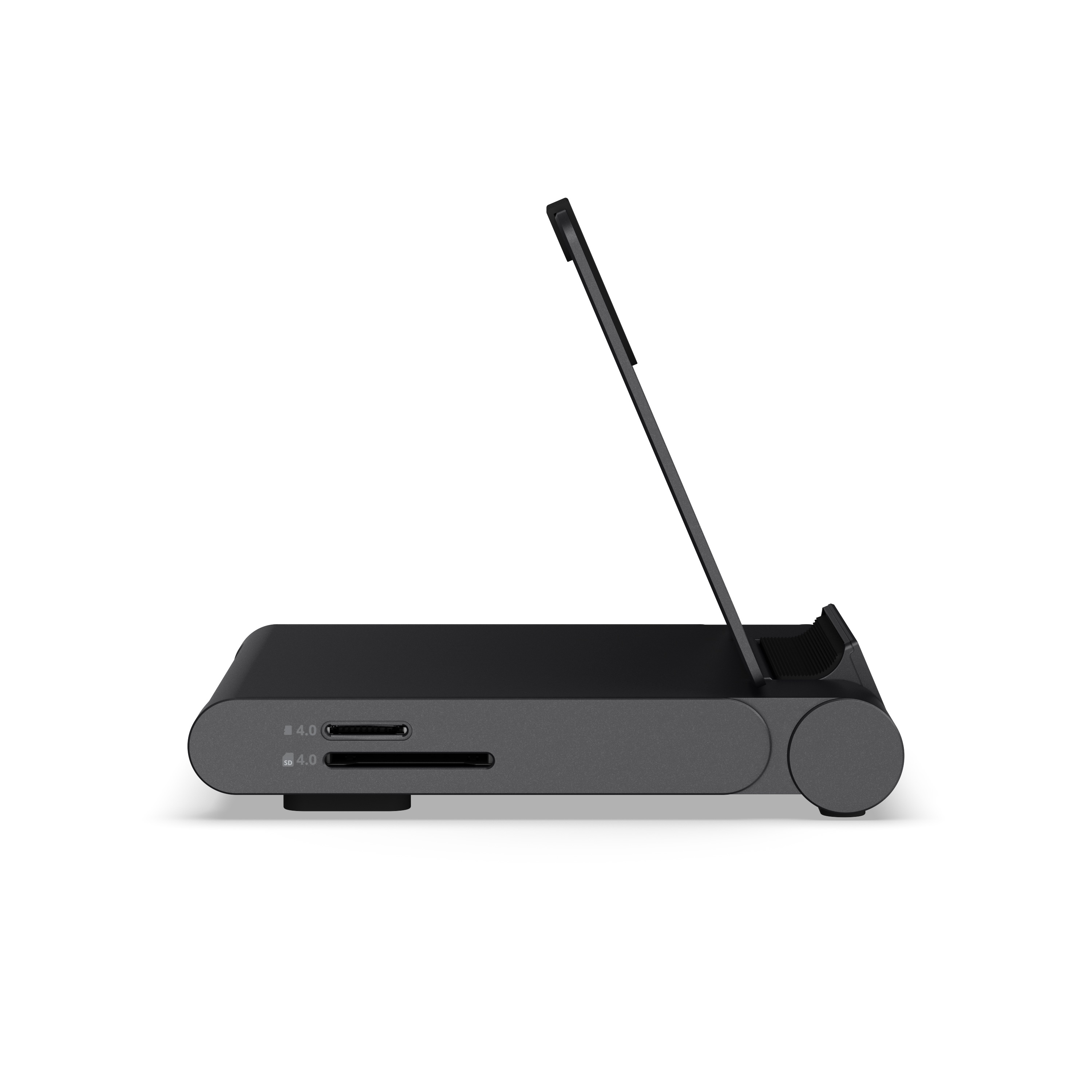Lettore di schede grigio con slot SD e microSD e supporto pieghevole.
