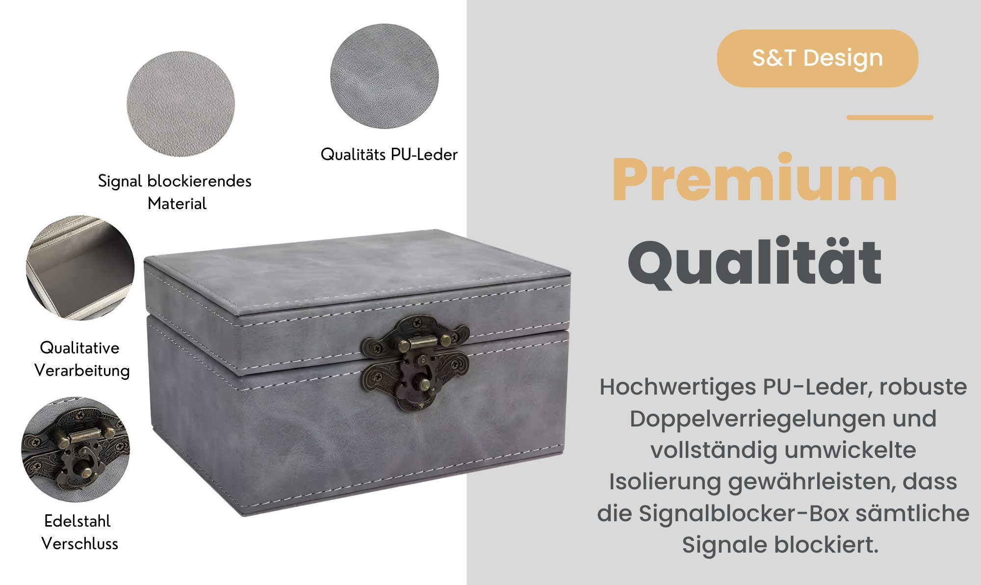 Graue PU-Leder-Box mit Metallverschluss, S&T Design, Premium Qualität.
