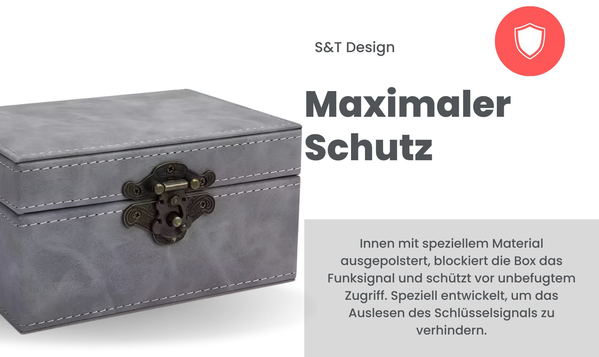 Graue, aufklappbare Schutzbox mit antikem Verschluss und Ziernähten.