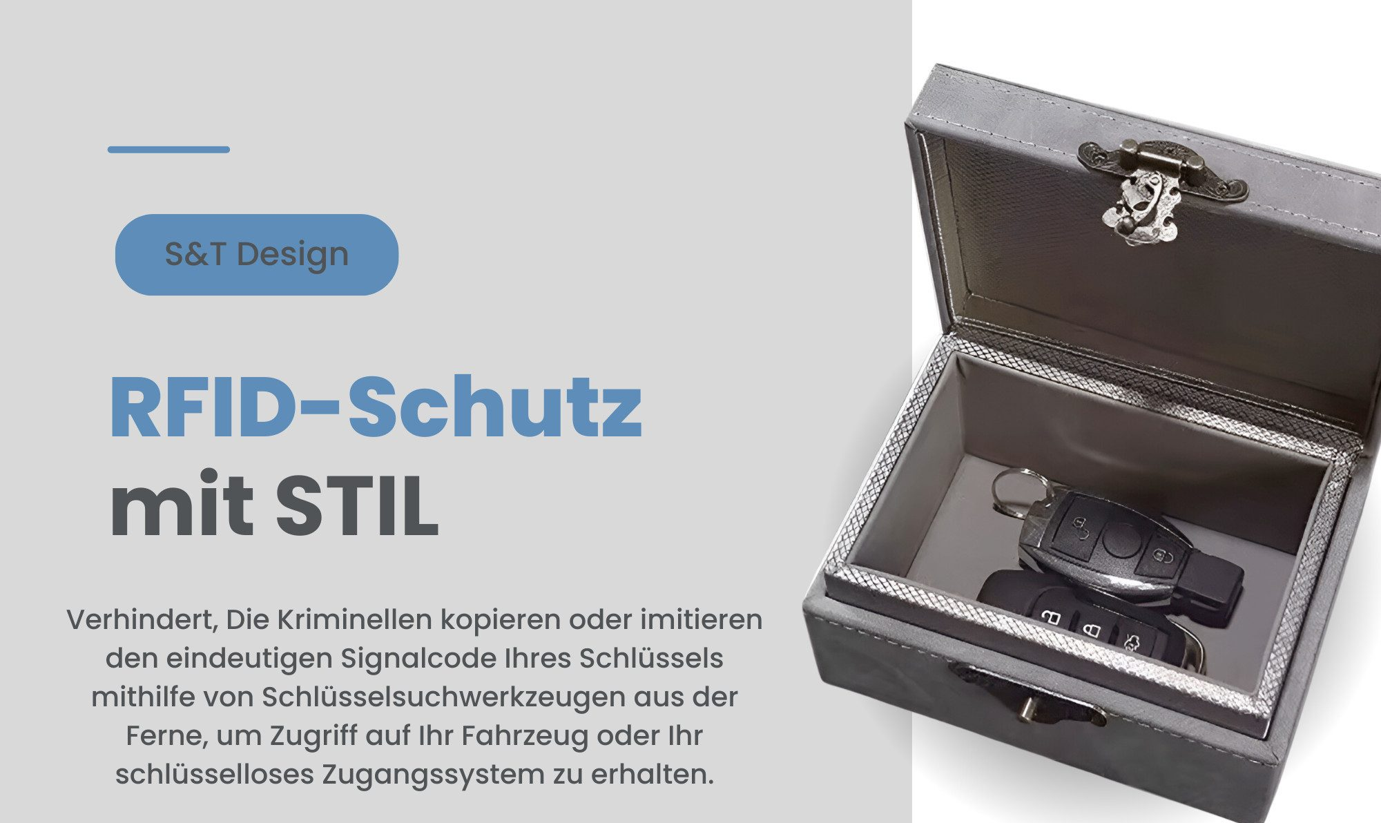 Graue RFID-Schutzbox mit zwei Autoschlüsseln im Inneren.