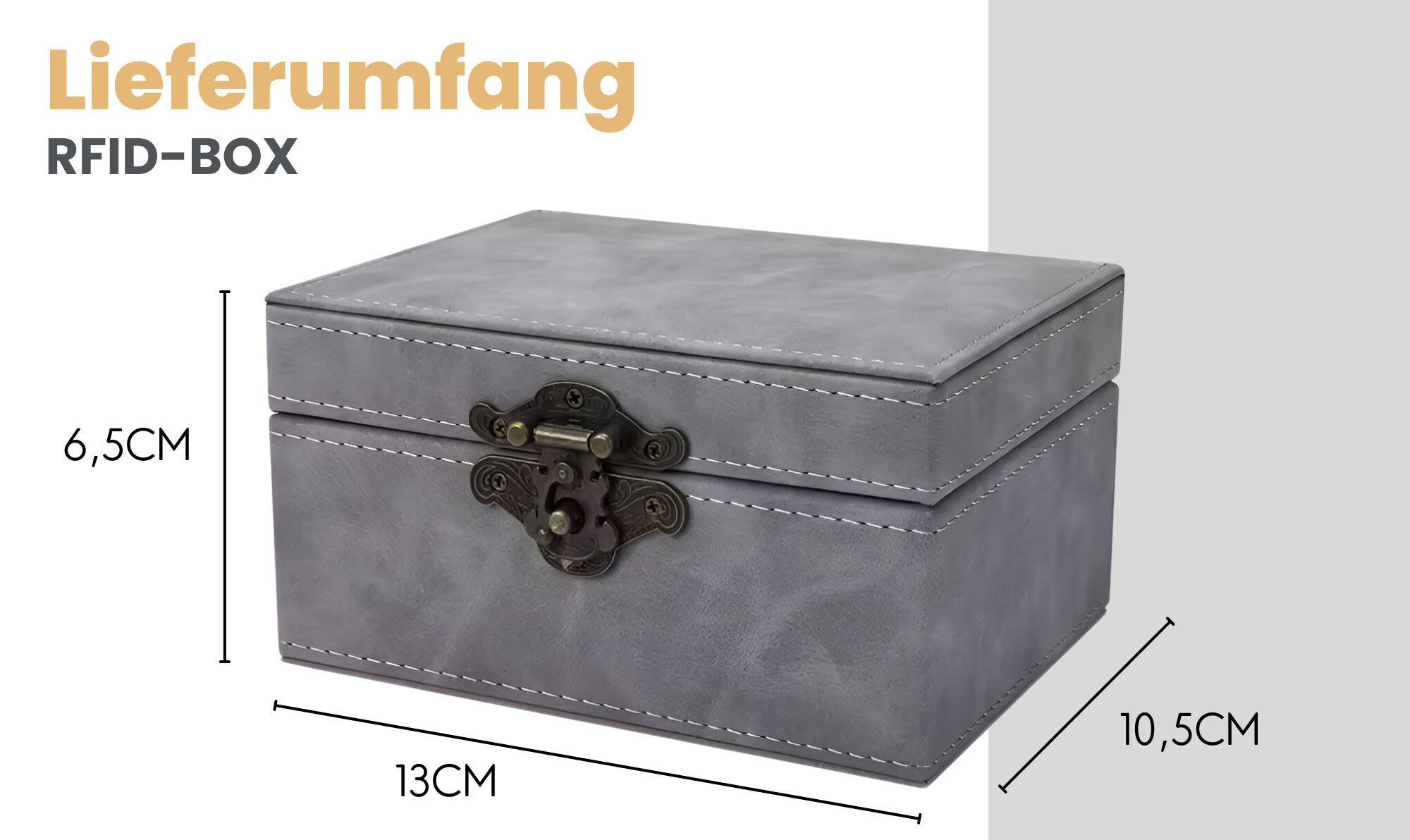 Graue RFID-Box mit Metallverschluss, Maße 13x10,5x6,5cm.