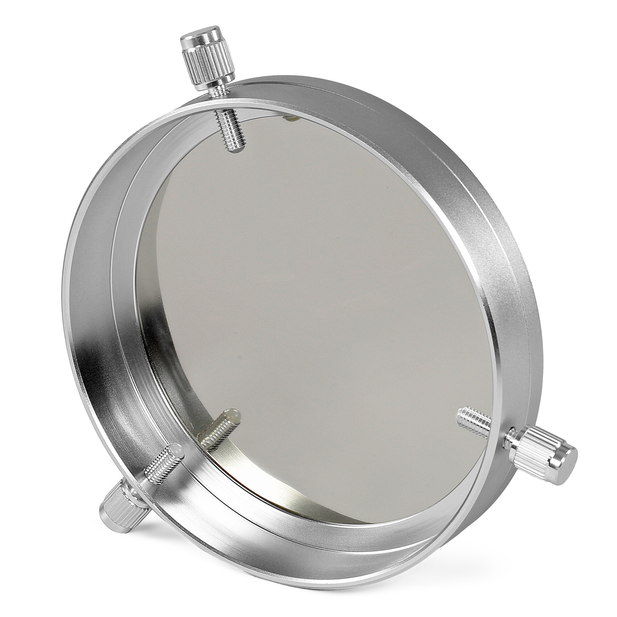 Grauer Filter mit silbernem Metallgehäuse und Rändelschrauben auf weißem Hintergrund.