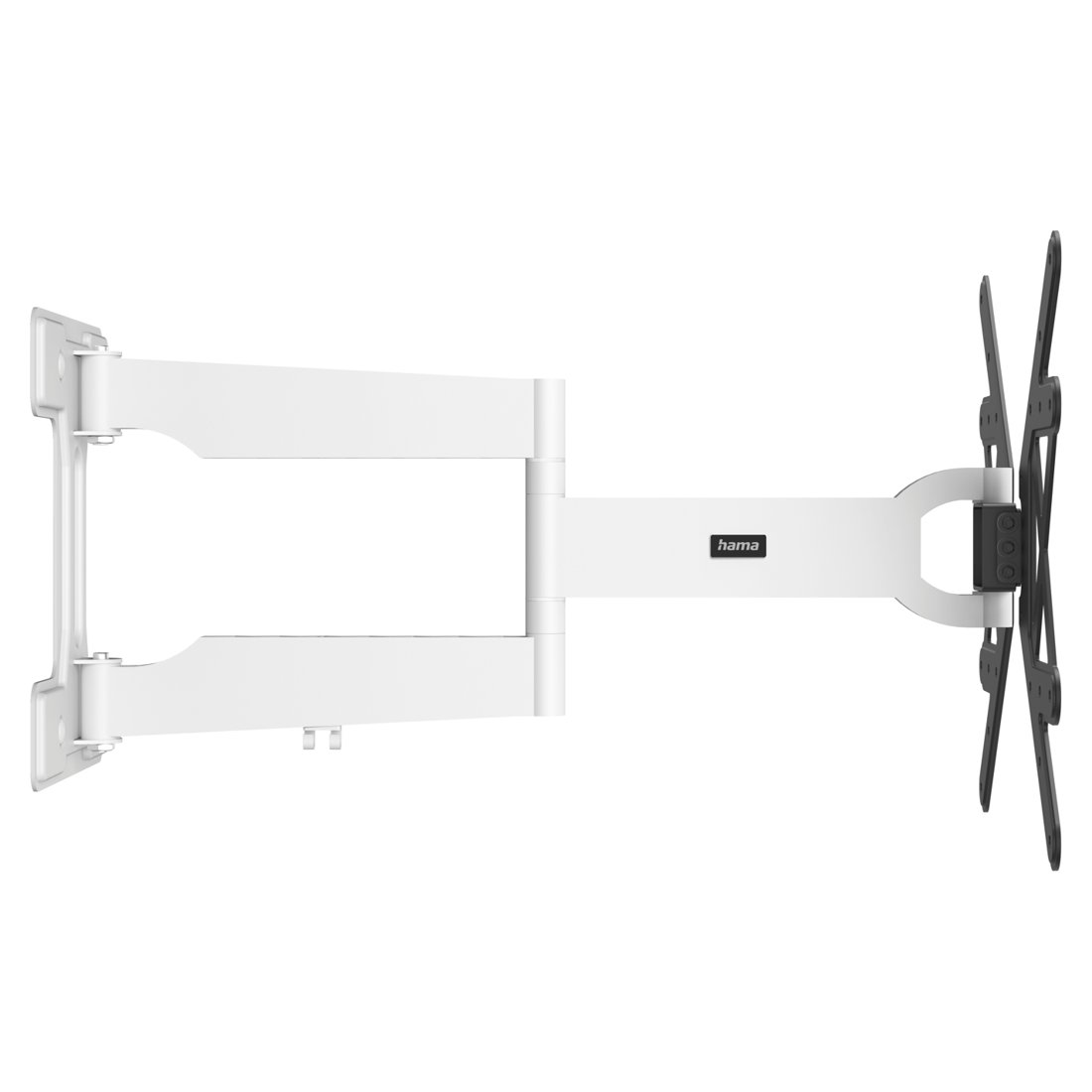 Biały uchwyt ścienny z ramieniem obrotowym do telewizora z czarnym adapterem VESA.
