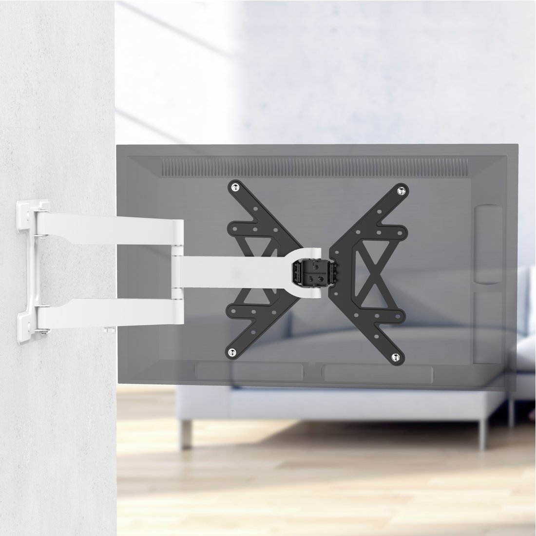 Biały uchwyt ścienny z wysuwanym ramieniem zamocowany do teksturowanej ściany.