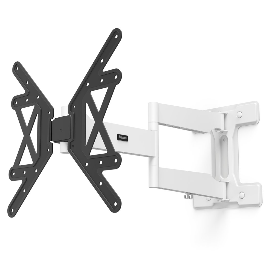 Obrotowy uchwyt ścienny do telewizora z białego i czarnego metalu z wysuwanym ramieniem.