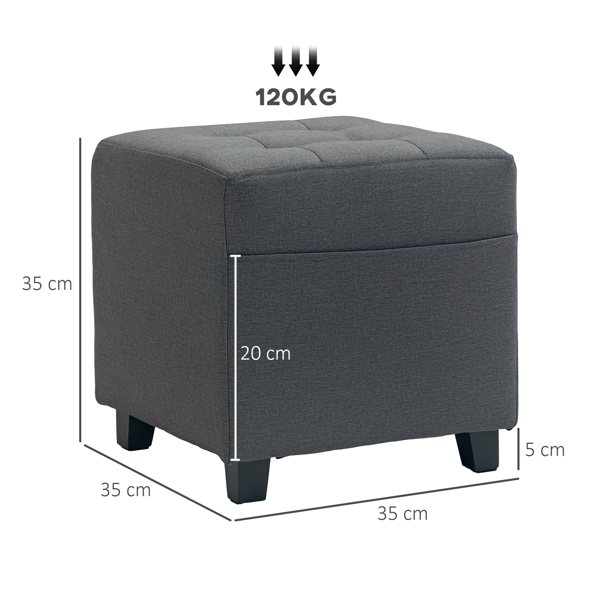 Otomana gris oscuro de 35x35x35 cm y capacidad de 120 kg.