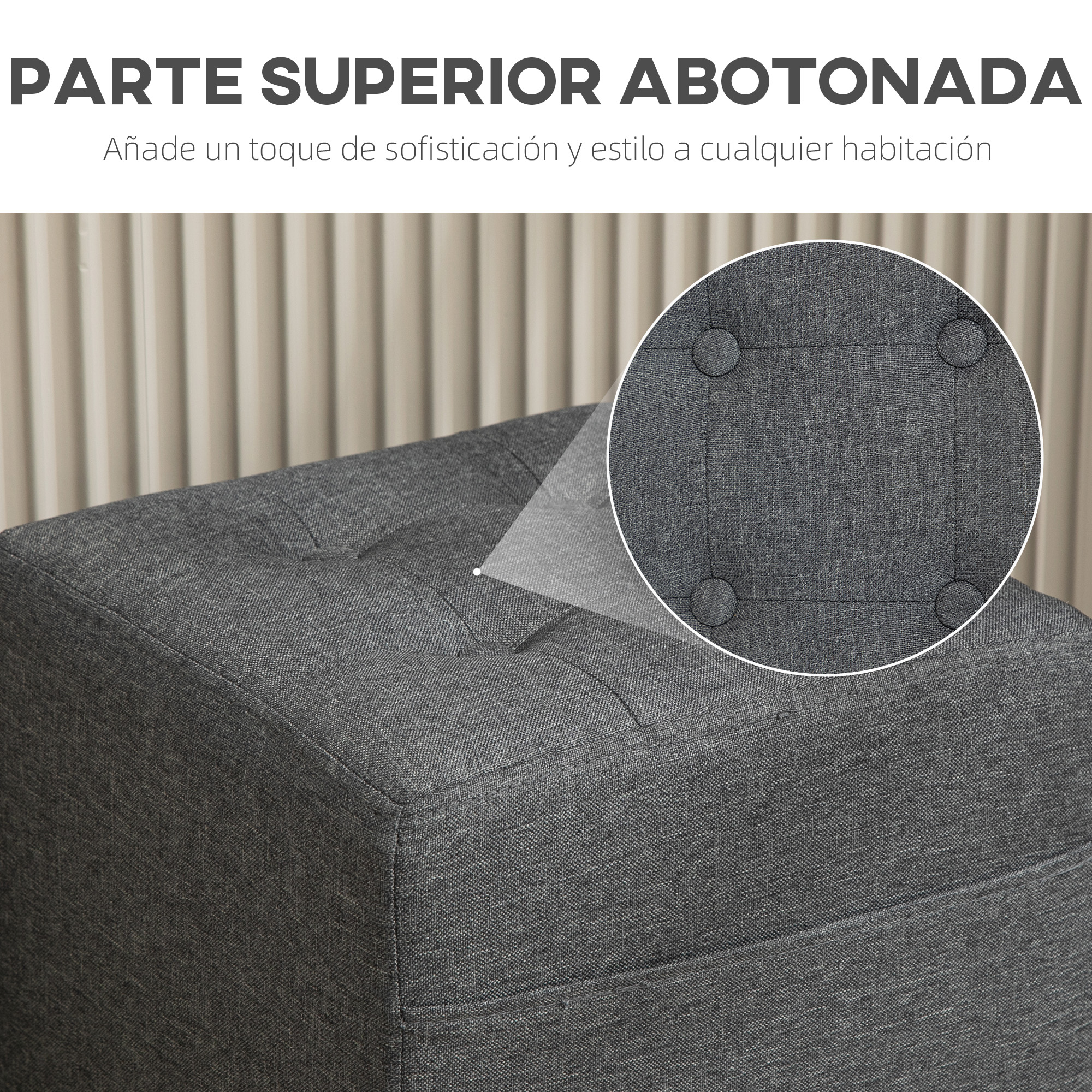 Puf gris oscuro con tapicería de botones y detalles cosidos. Líneas verticales al fondo.