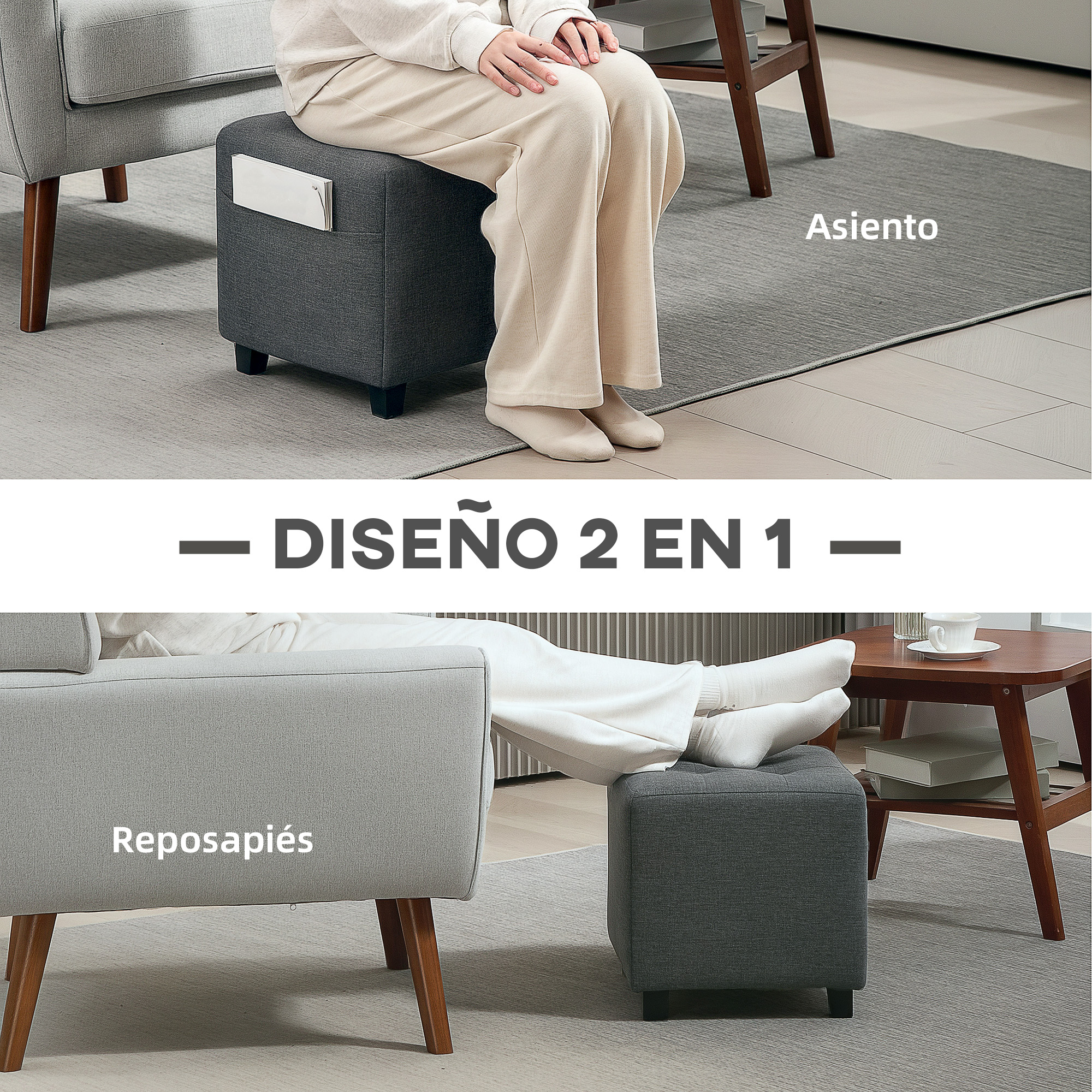 Un otomano gris oscuro con bolsillo lateral, una persona sentada encima.