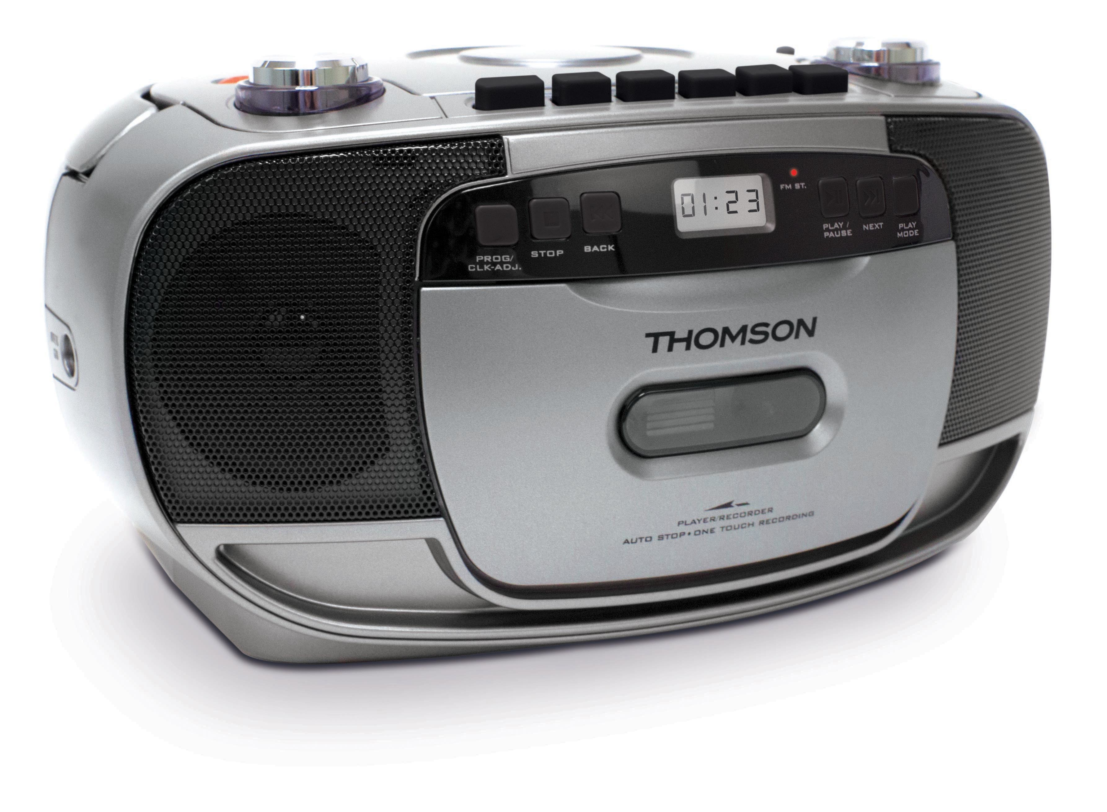 Ein silberner Thomson-Kassettenrekorder mit CD-Player und digitaler Anzeige.