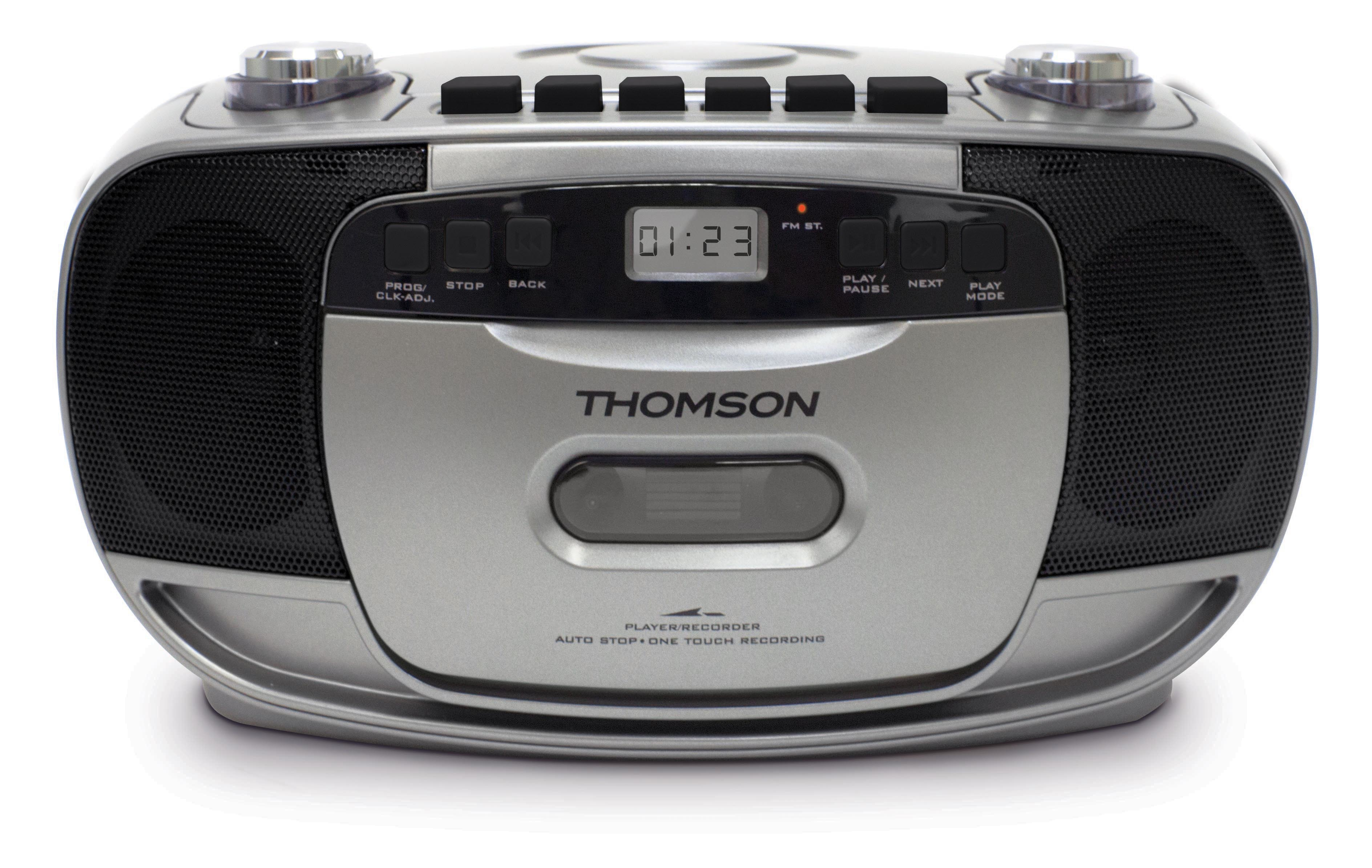 Silberner Thomson CD-Player mit Kassettendeck und digitaler Anzeige.