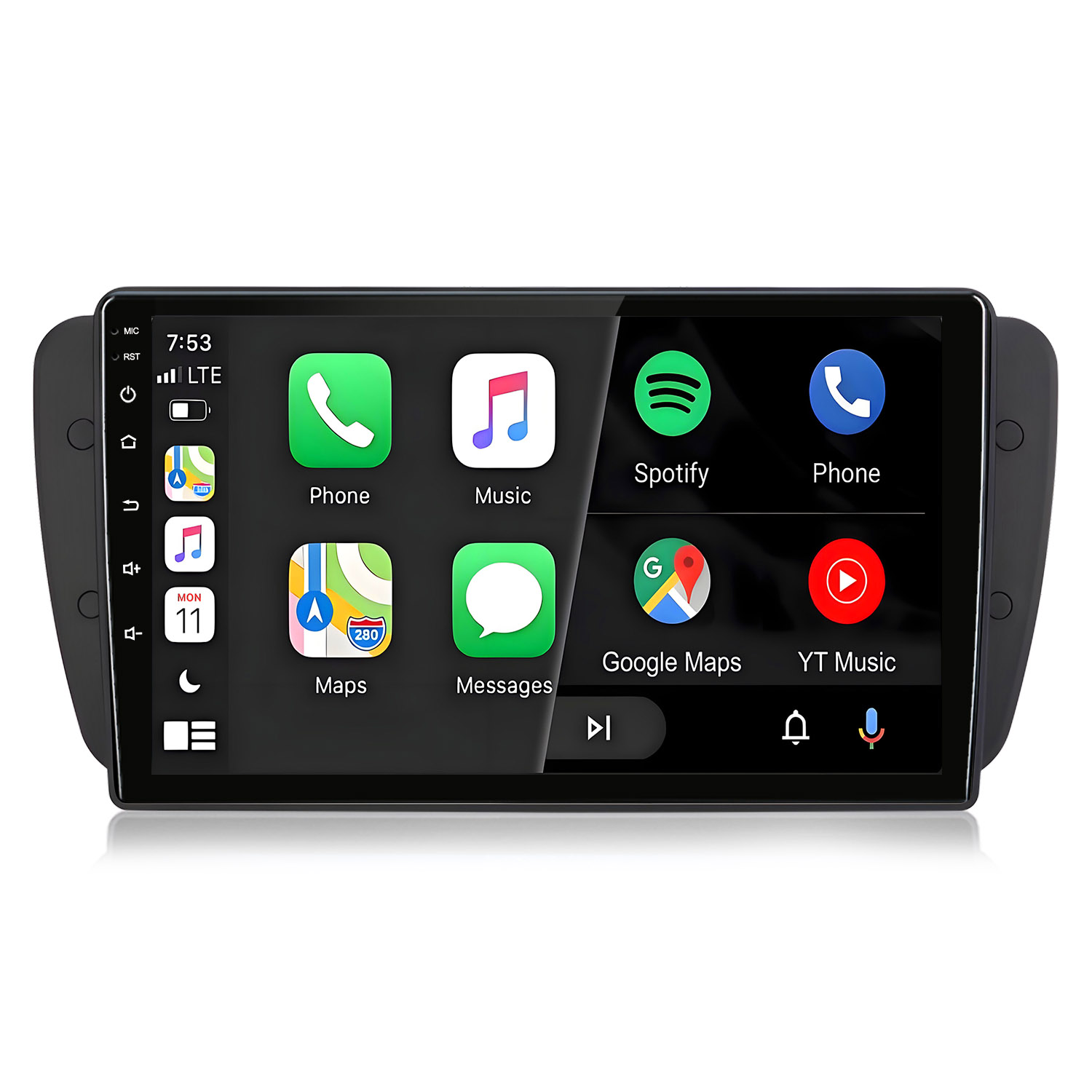 Ein Touchscreen-Infotainmentsystem mit App-Symbolen für Telefon, Musik, Spotify, Karten und mehr.