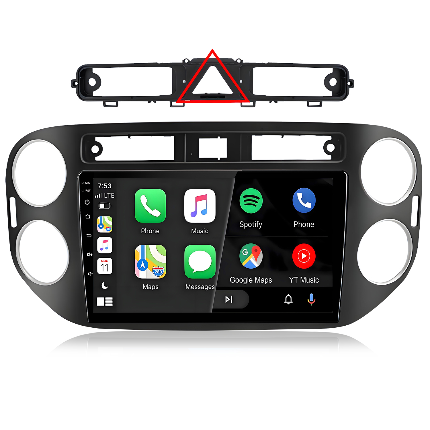 Ein schwarzer Armaturenbrett-Ausschnitt mit Touchscreen-Display, das Apple CarPlay zeigt.
