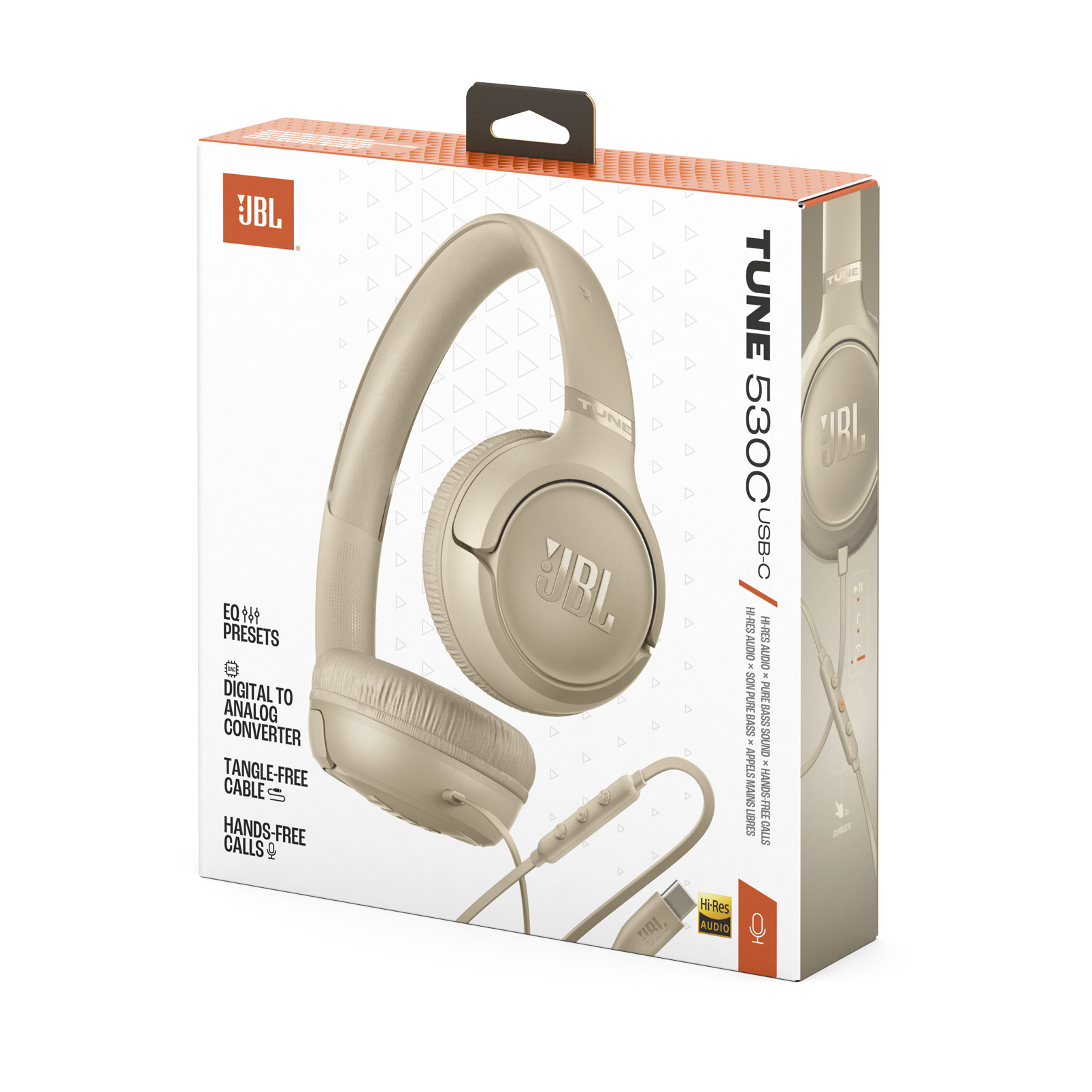 Beigefarbene JBL Tune 530BT Kopfhörer mit Kabel und USB-C-Anschluss auf der Verpackung.