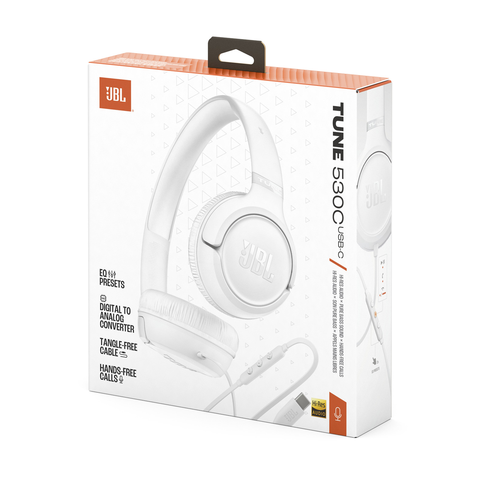 Weiße JBL Tune 530BT Kopfhörer im Karton mit Produktmerkmalen.