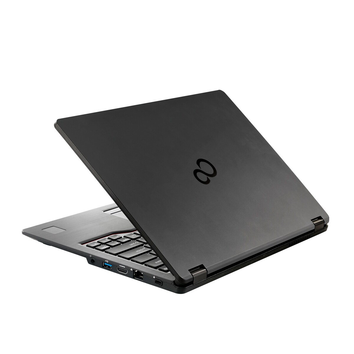 Schwarzer Laptop mit offenem Bildschirm, das Fujitsu-Logo ist sichtbar.