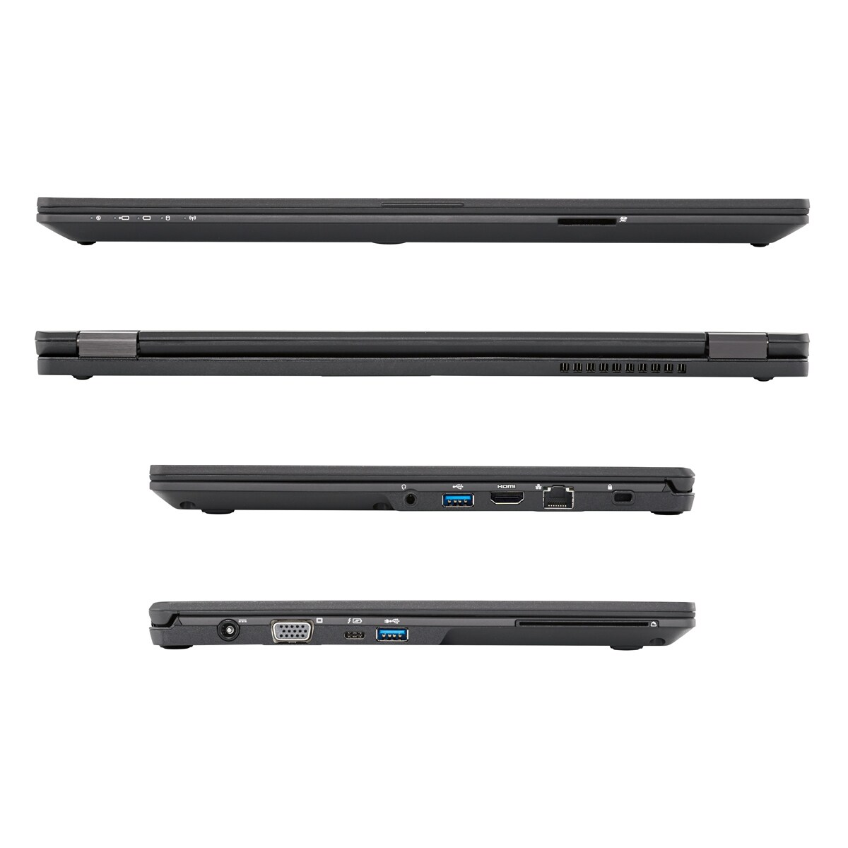 Laptop aus mehreren Blickwinkeln: Ober-, Seiten- und Unteransichten mit Anschlüssen.