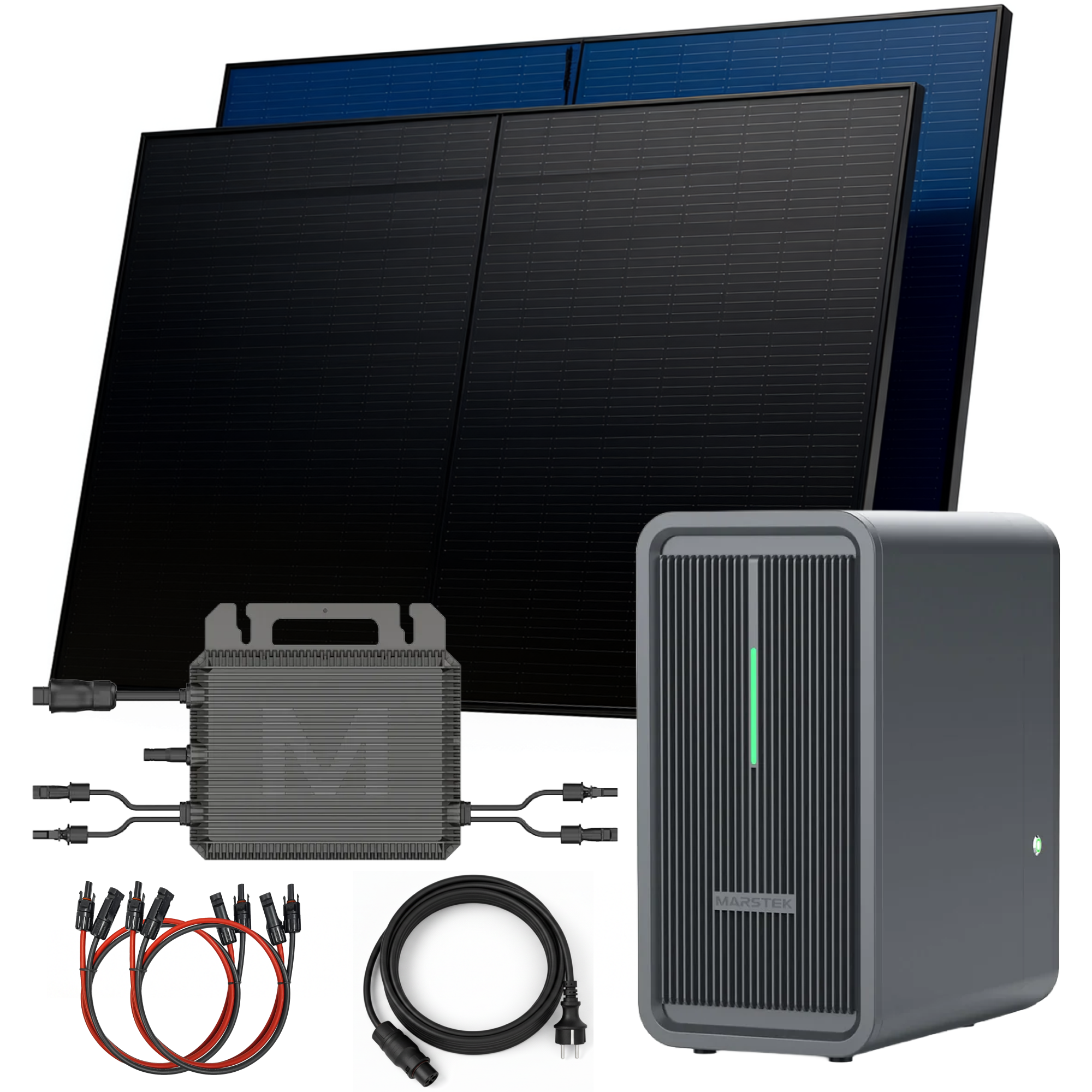 Solarpanel-Set mit Wechselrichter, Kabeln und Stecker.
