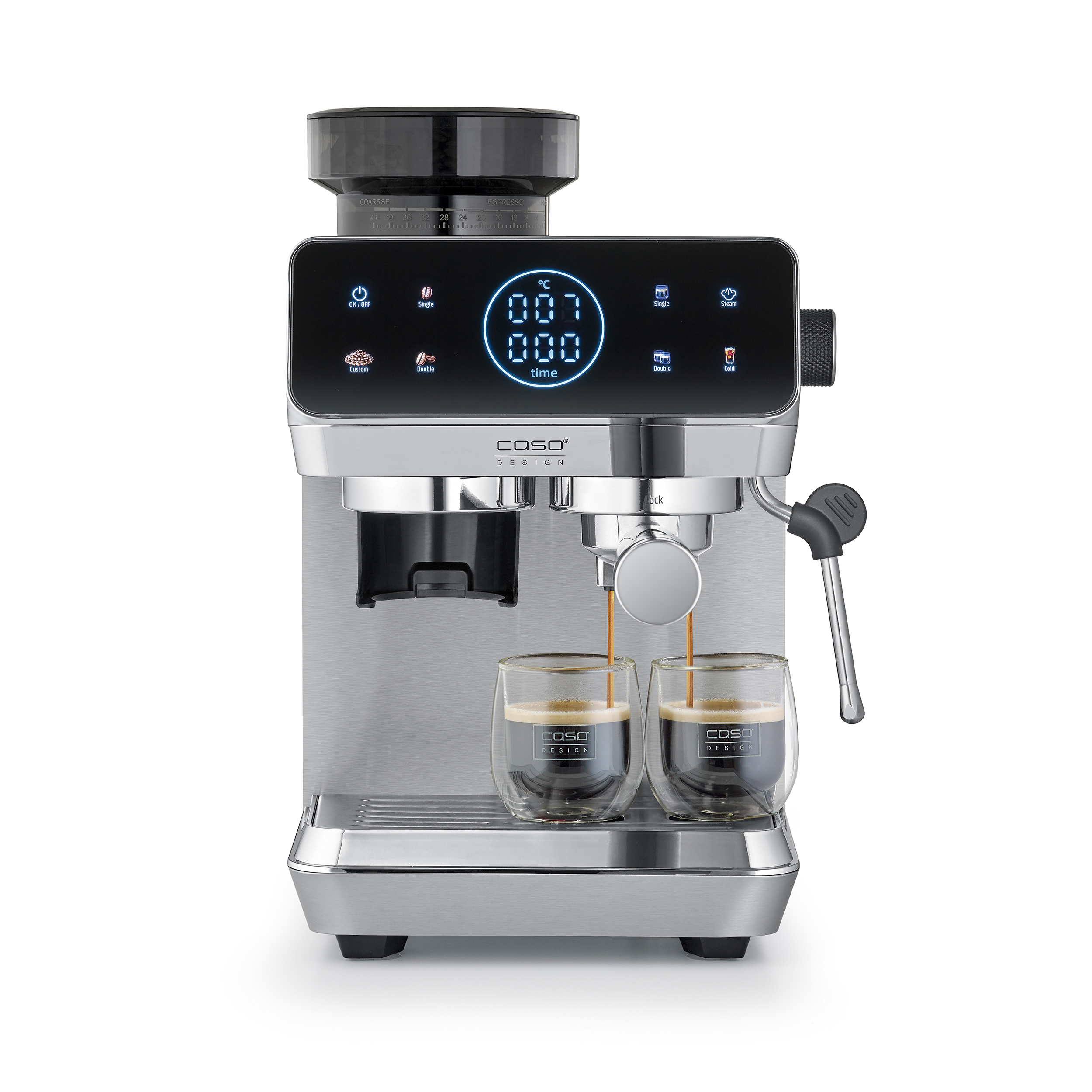 Eine silberne Espressomaschine brüht Kaffee in zwei Gläser.