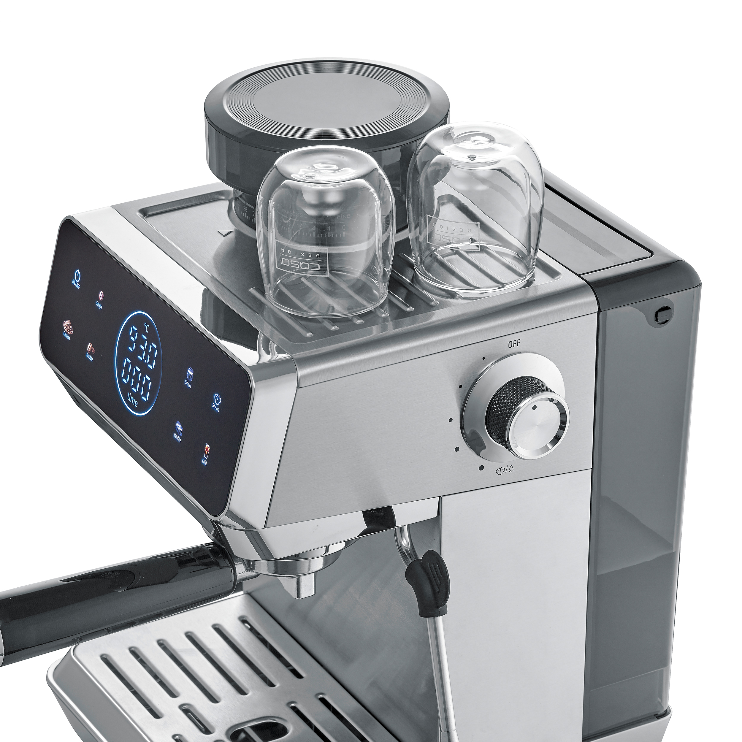 Silberne Espressomaschine mit zwei Gläsern oben, digitalem Display und Drehregler.