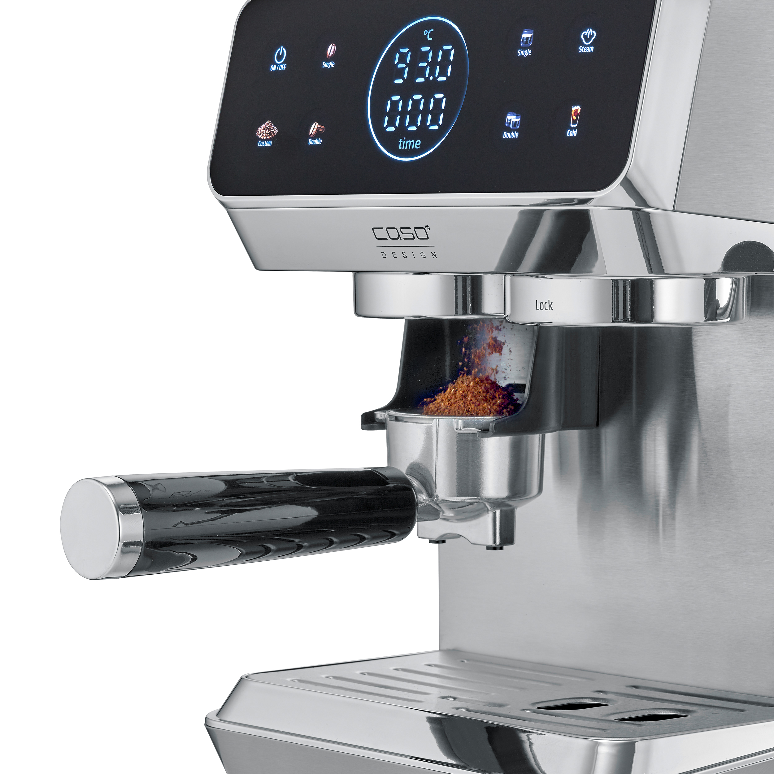 Eine Espressomaschine mit Siebträger, gefüllt mit Kaffeepulver.