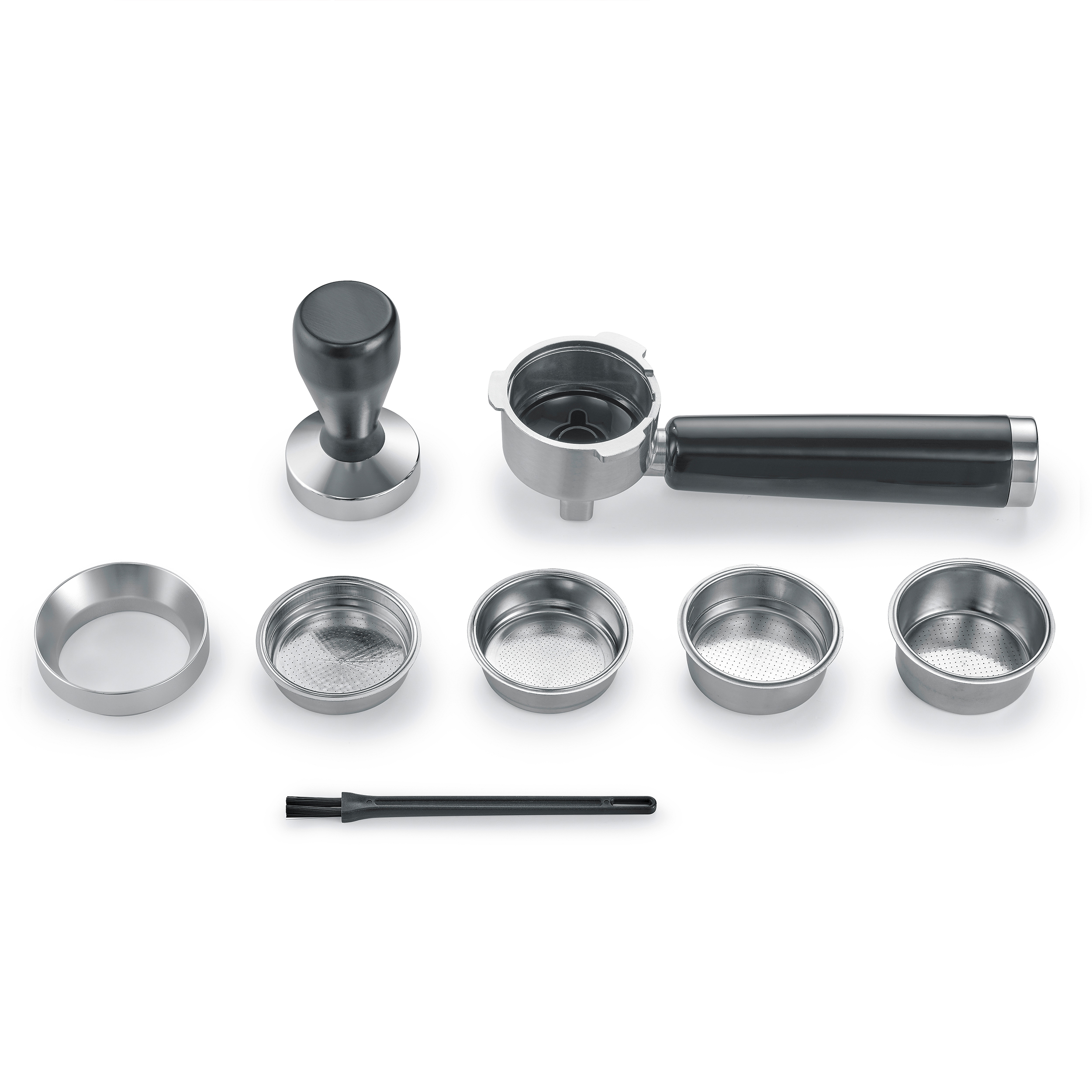 Espressomaschinen-Zubehör: Tamper, Siebträger, Siebe und Bürste.