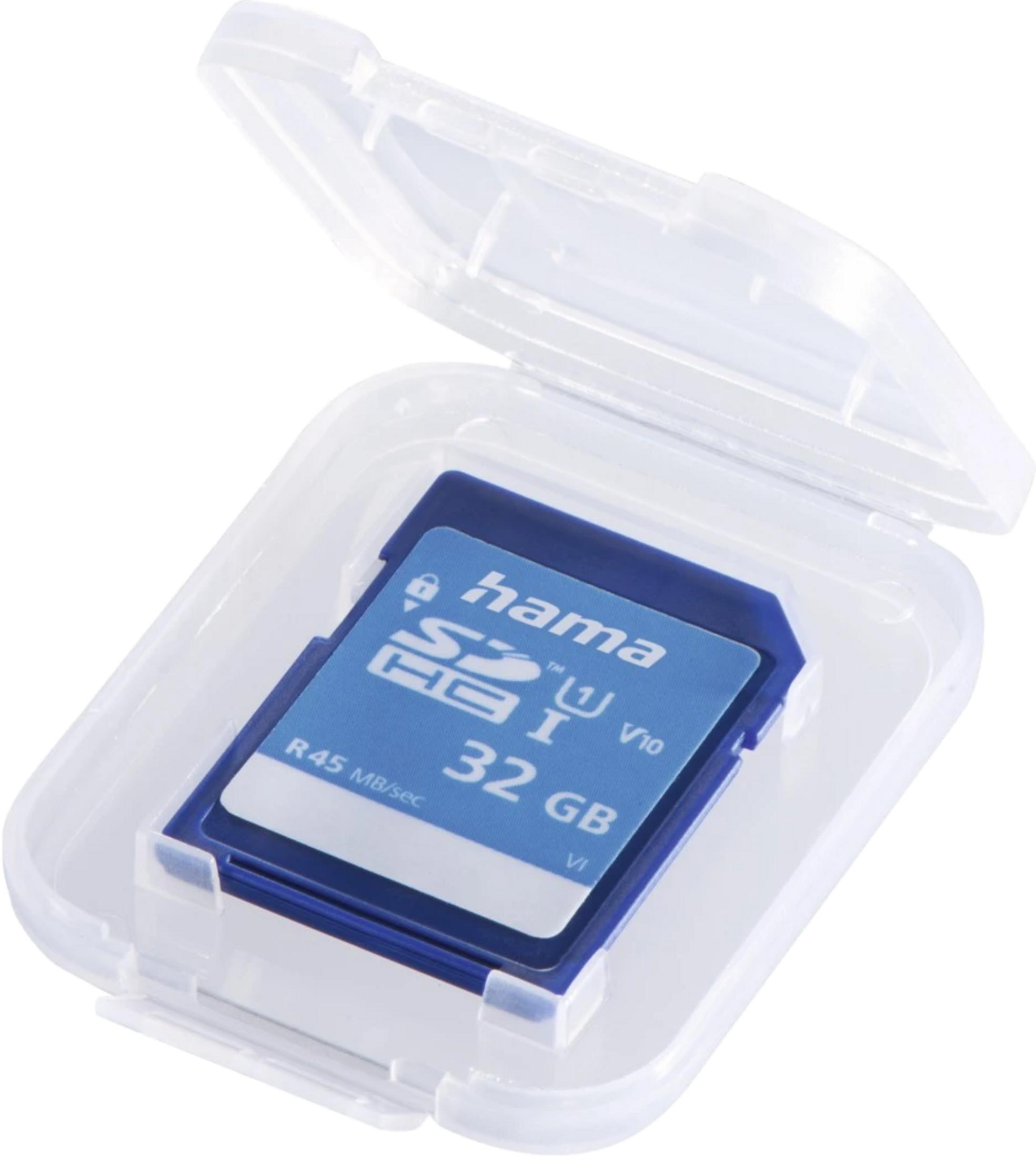 Niebieska karta SD Hama 32 GB w przezroczystym etui ochronnym.