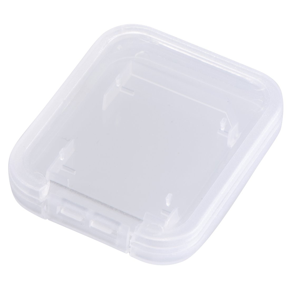 Przezroczyste plastikowe etui na karty pamięci, otwarte.