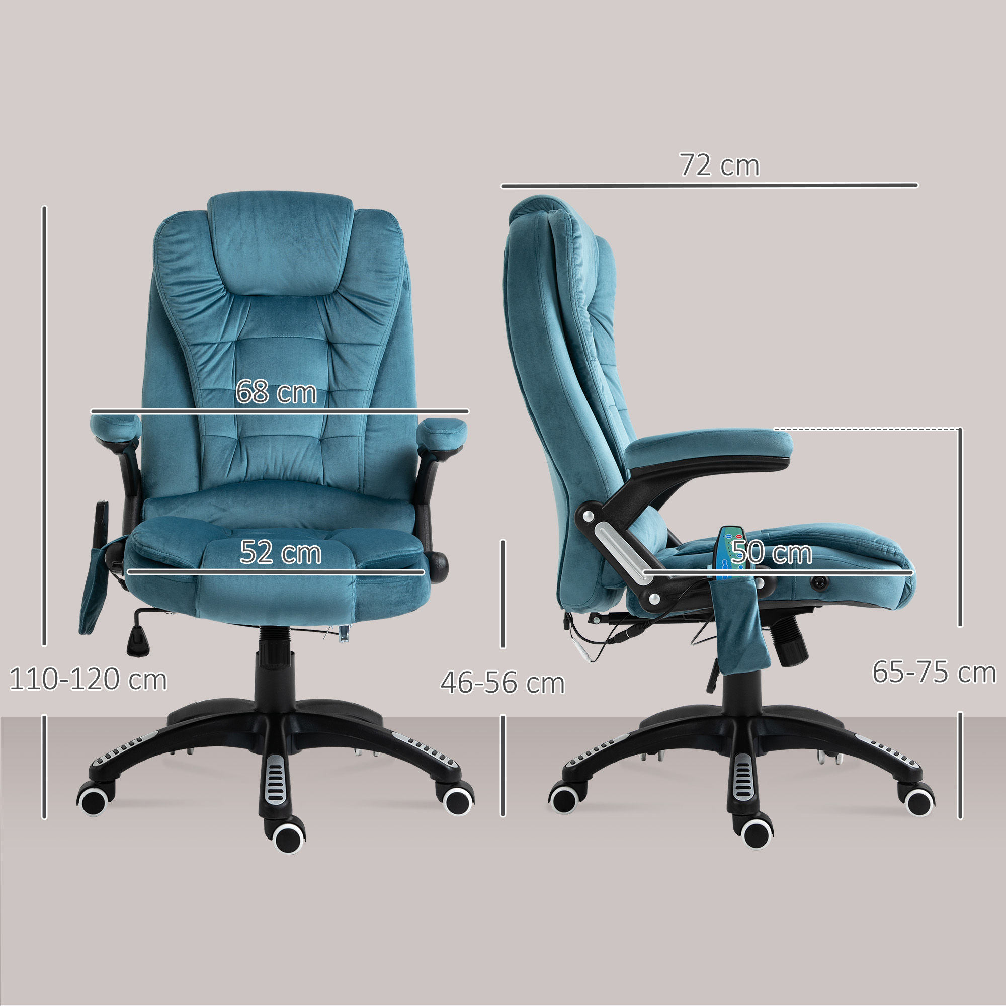 Una silla de oficina azul con dimensiones, vistas frontal y lateral.