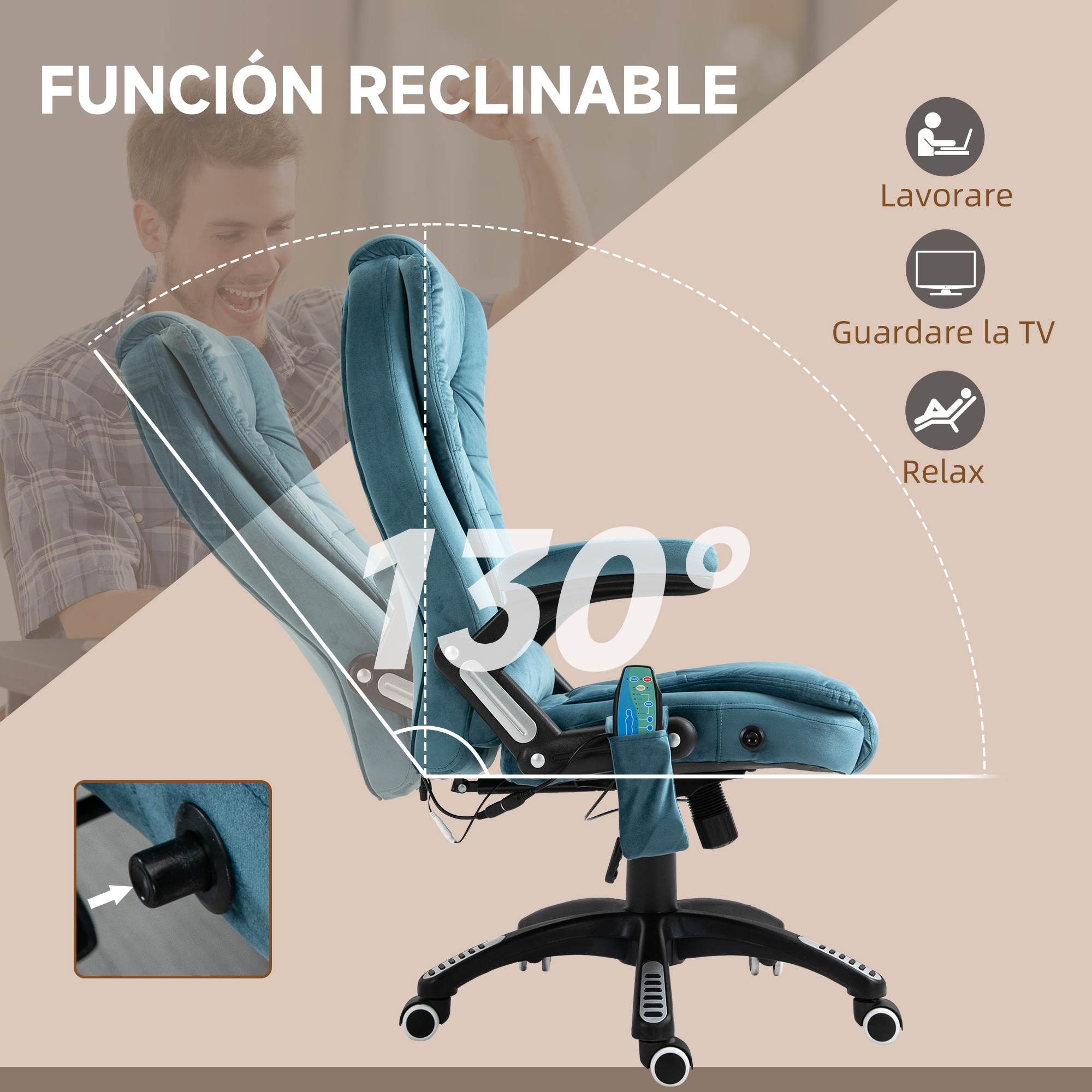 Silla de oficina azul reclinable hasta 130 grados, mostrando sus funciones.