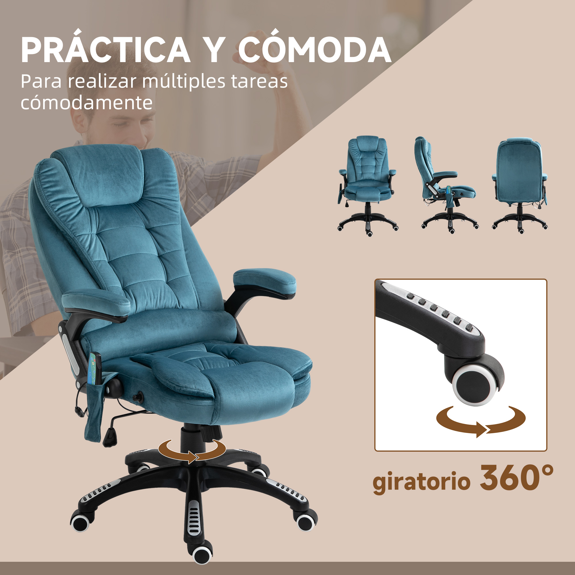 Silla de oficina turquesa con brazos acolchados y ruedas, gira 360°.