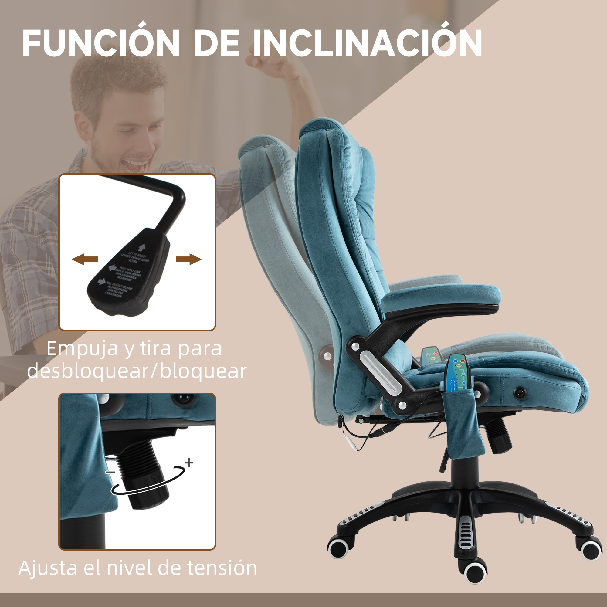 Silla de oficina azul verdoso con función de inclinación y palancas.