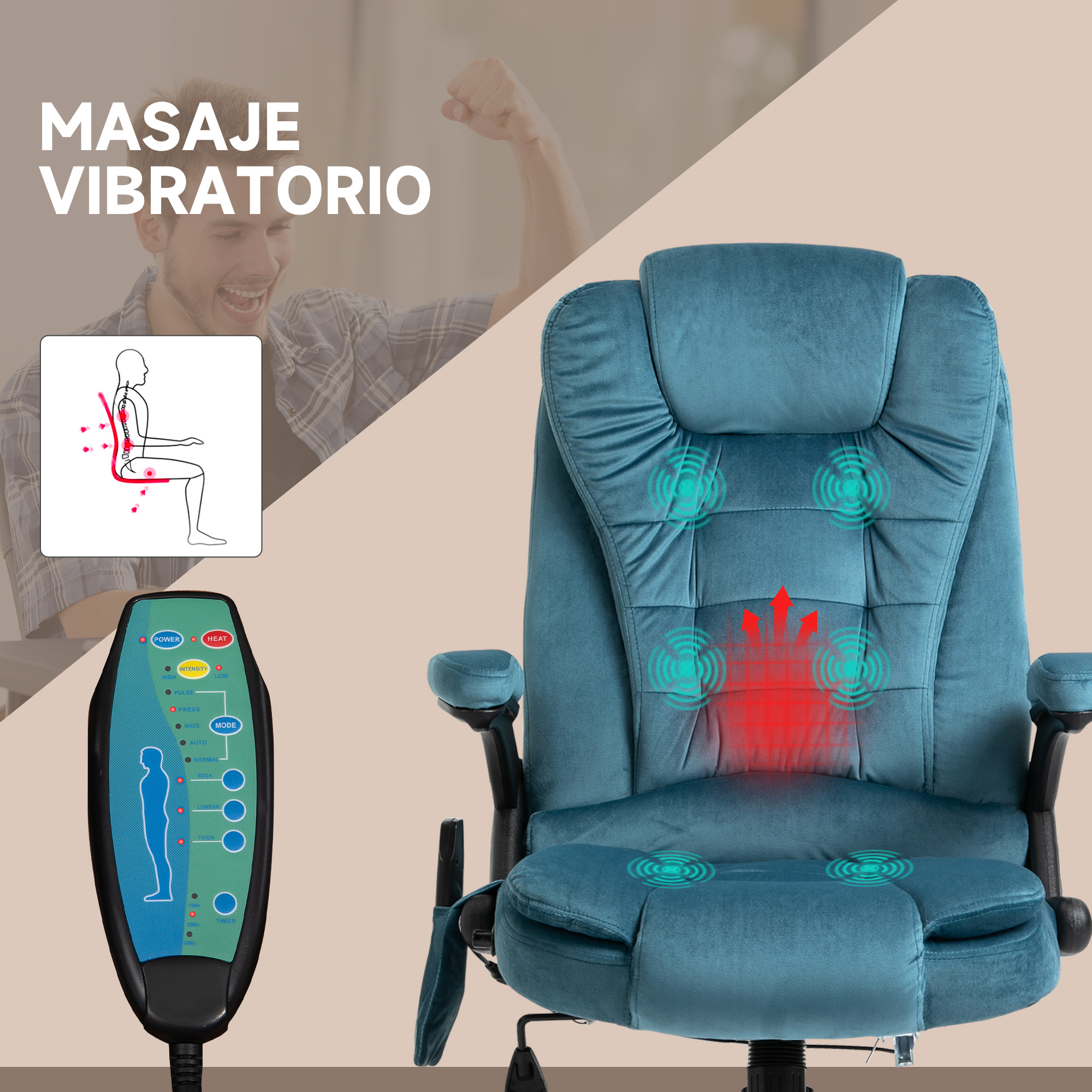 Una silla de masajes azul con mando a distancia y un hombre al fondo.