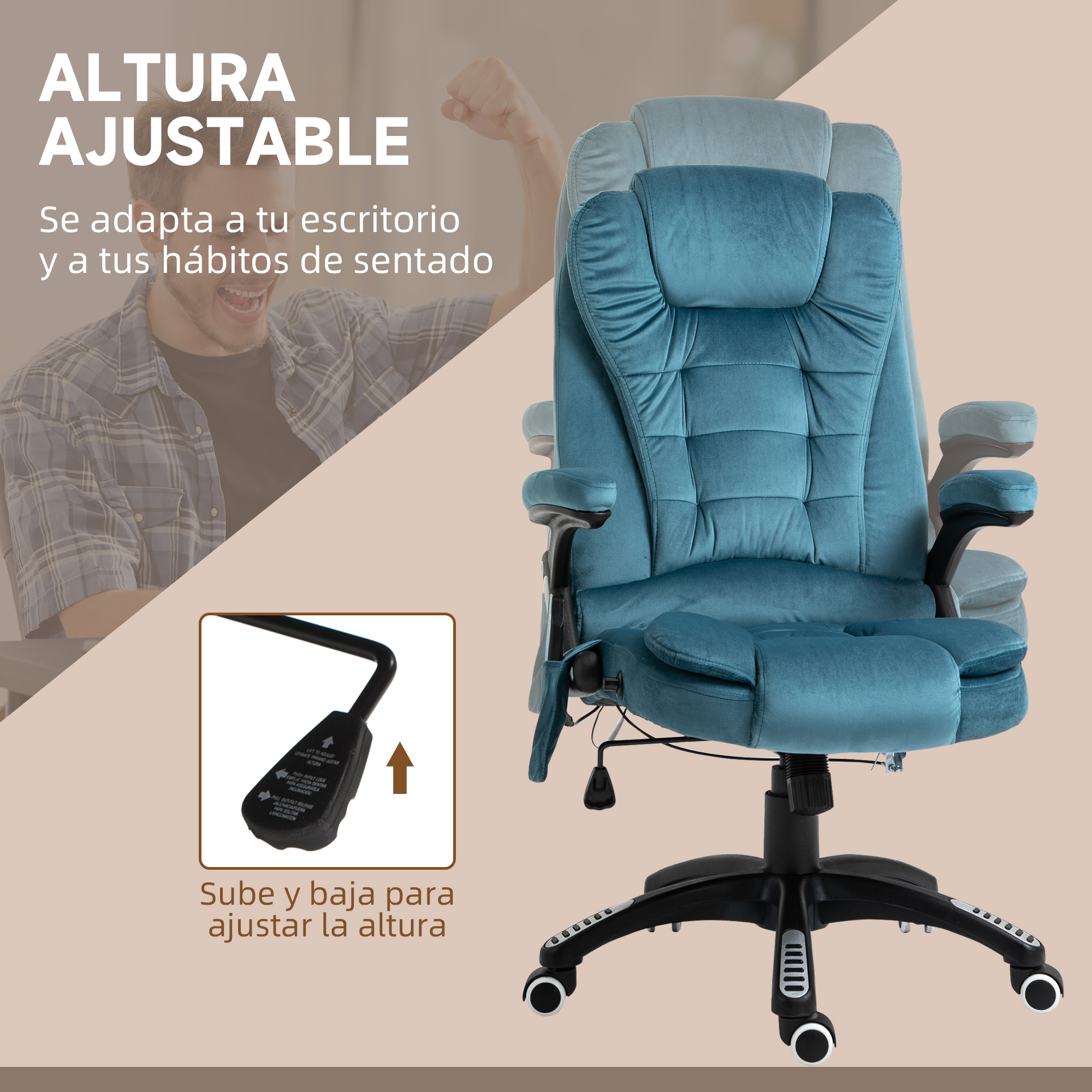 Una silla de oficina azul de altura ajustable, con un hombre al fondo.