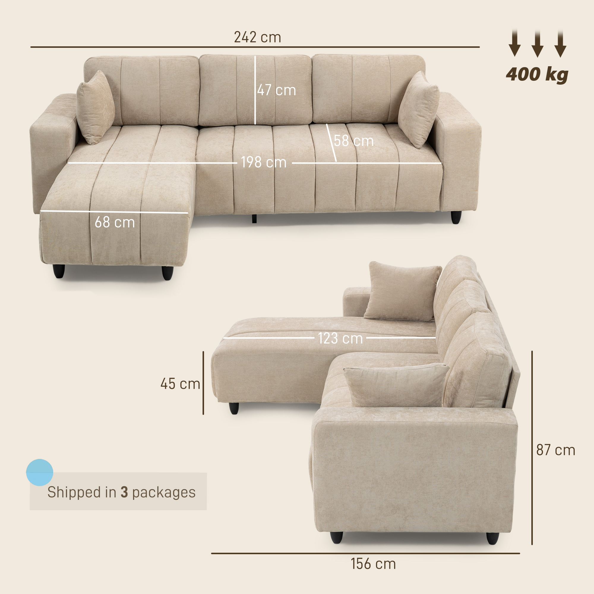 Sofá seccional beige con dimensiones y capacidad de peso. Se envía en 3 paquetes.