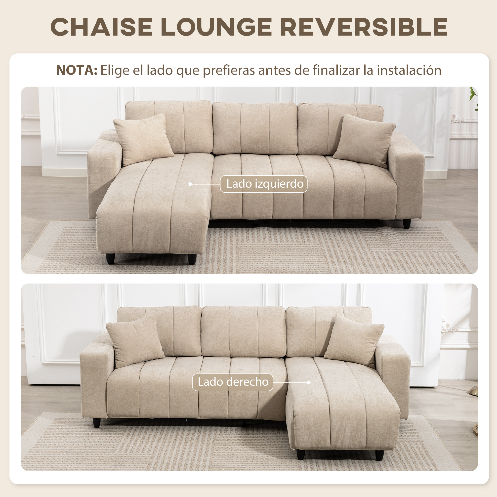Sofá seccional beige con cojines, reversible.