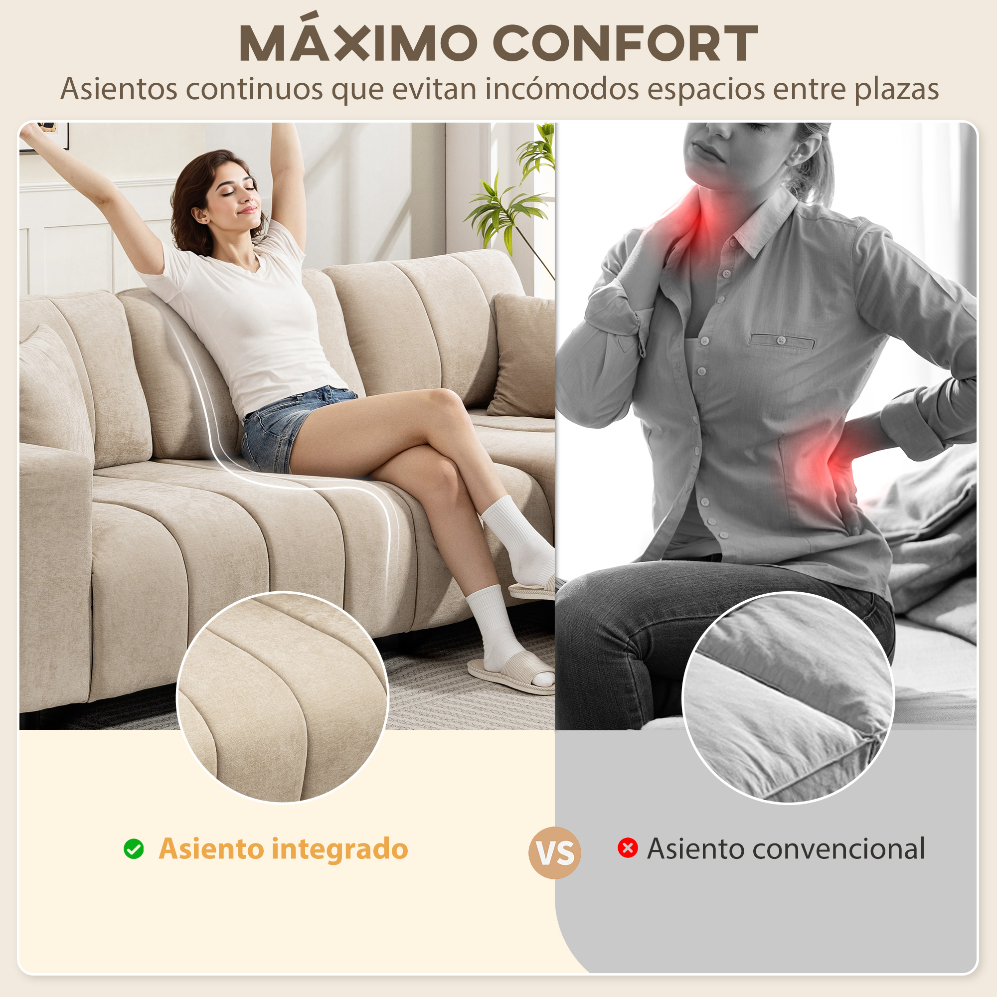 Sofá cómodo con asiento continuo frente a uno con huecos que causan incomodidad.