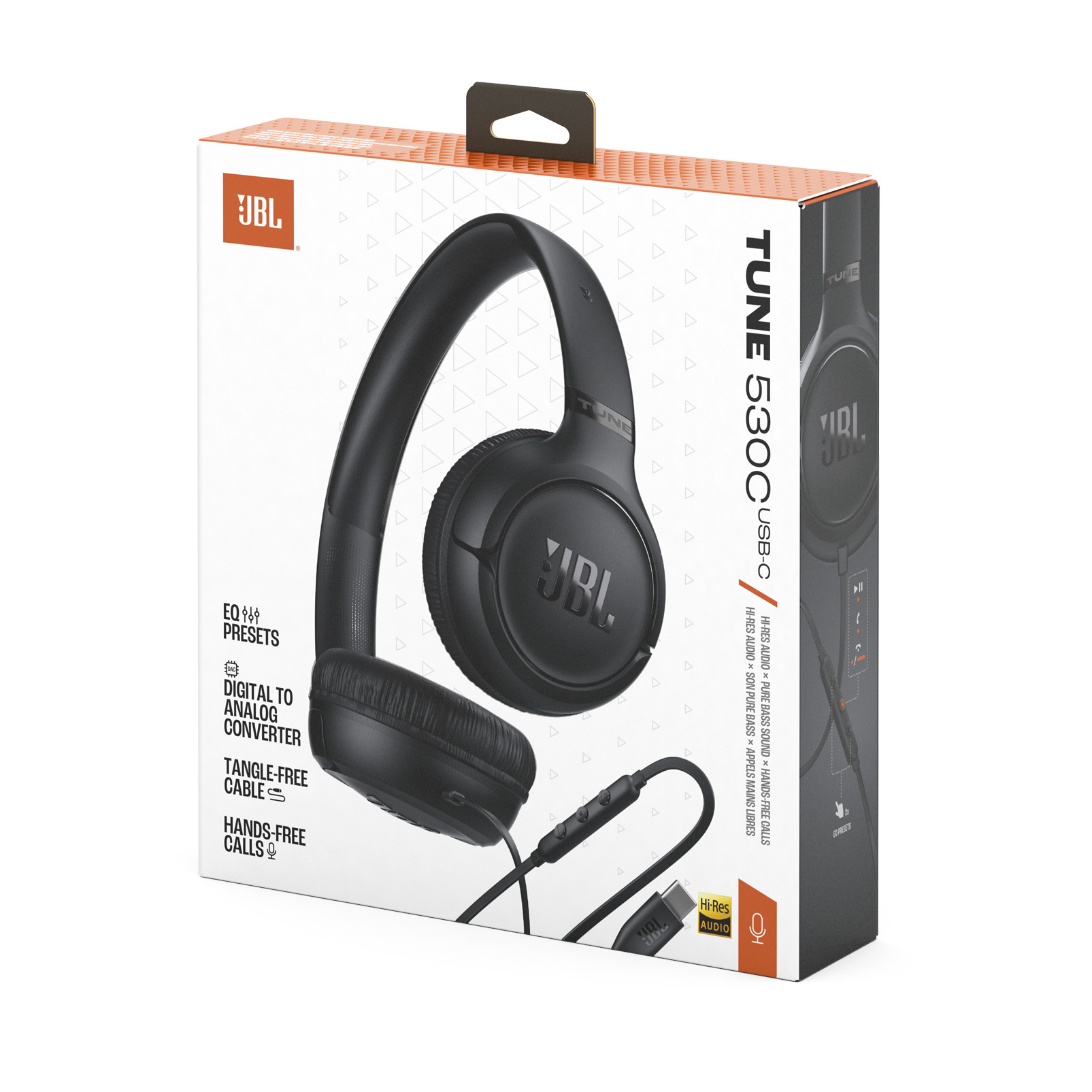 Cuffie JBL Tune 530BT nere con cavo su scatola bianca.