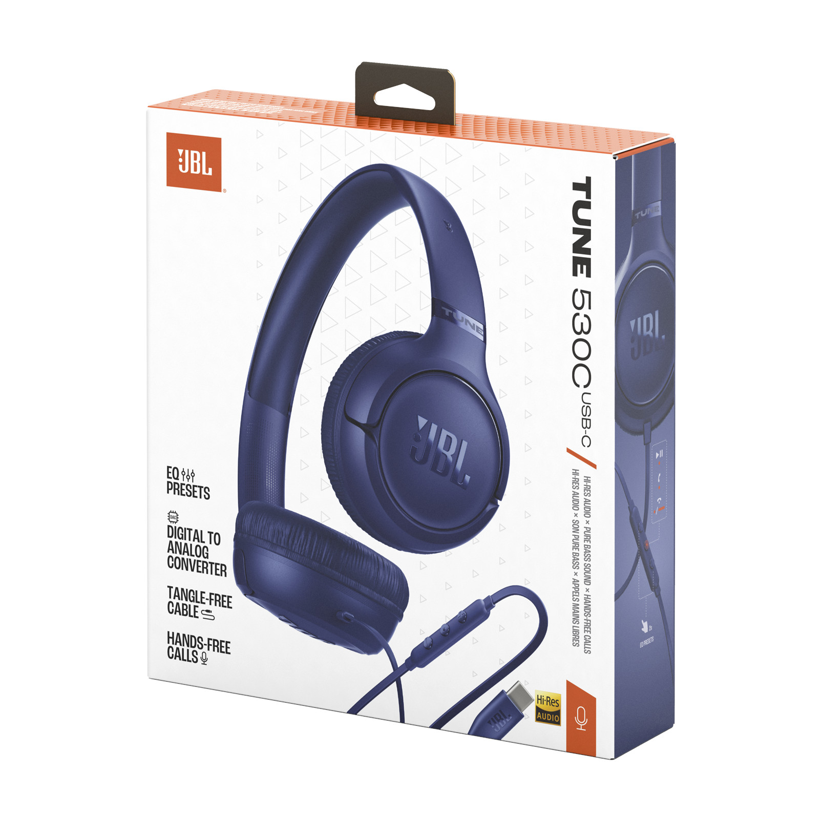 Verpackung mit JBL Tune 530C Kopfhörern in Dunkelblau, USB-C-Anschluss.