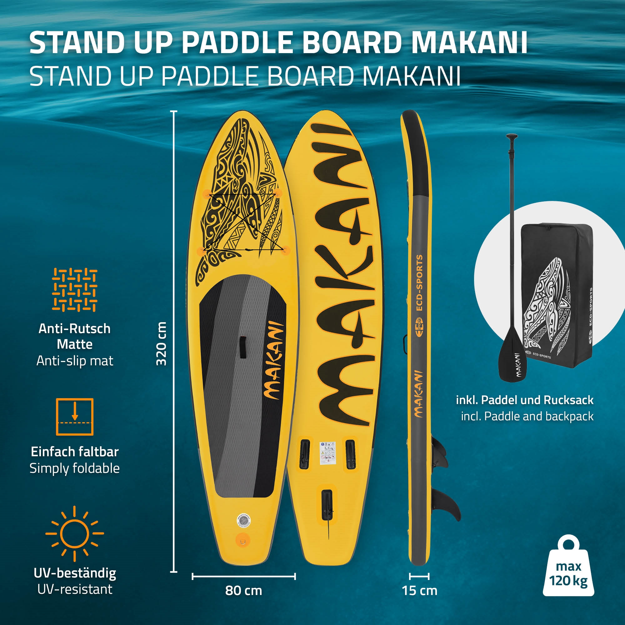 Gelbes Makani Stand Up Paddle Board, 320cm lang, 80cm breit, 15cm dick, inkl. Paddel & Rucksack.